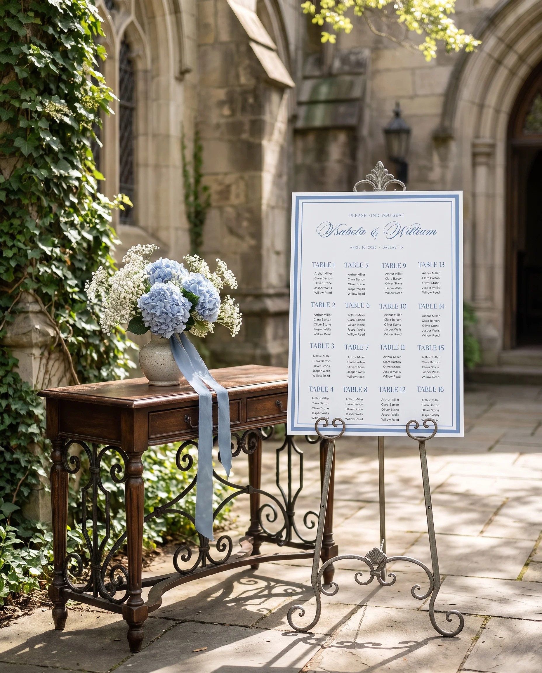 Azure Flourish wedding seating chart — single page shown beside furniture for scale under soft natural light, wedding seating chart template