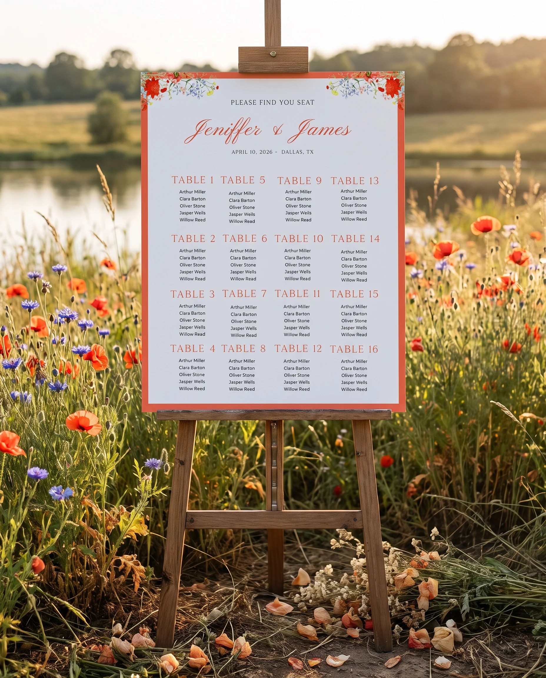Poppy Meridian wedding seating chart — displayed on an easel under soft natural light at a slight overhead angle, wedding seating chart