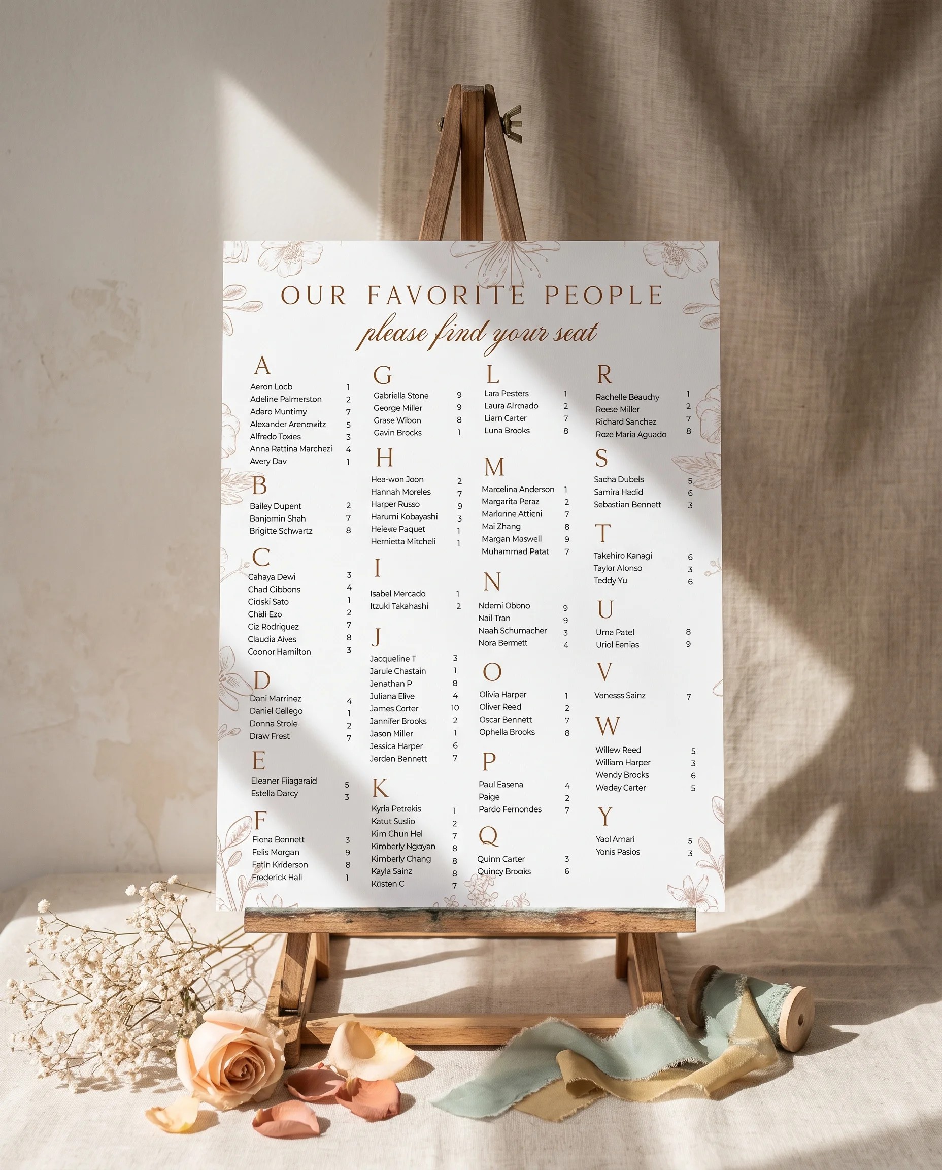 Petalcrest wedding seating chart — single page displayed on an easel under soft natural light at a slight overhead angle, wedding seating chart