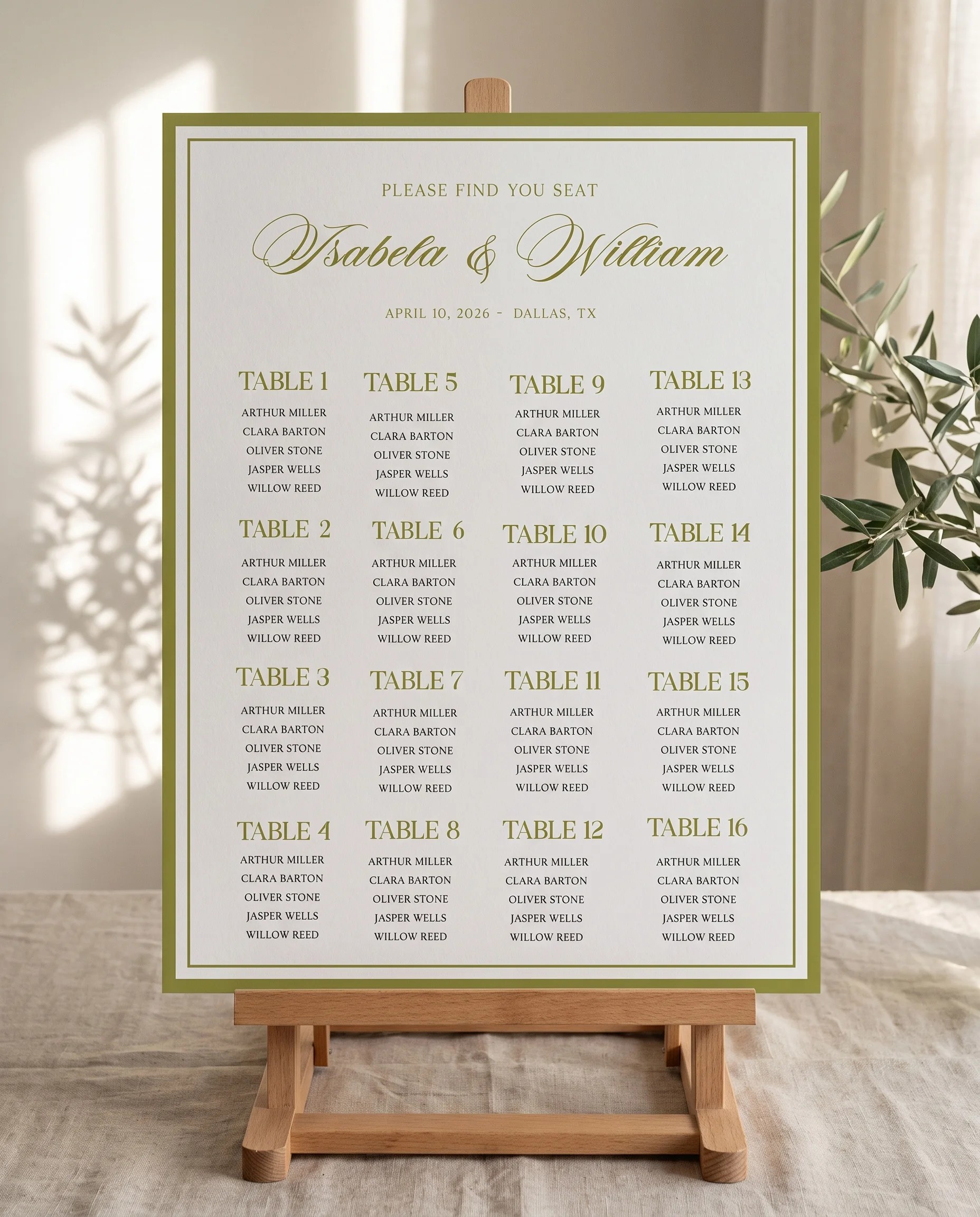 Olive Baroque wedding seating chart — displayed on an easel under soft natural light with a slight overhead angle, wedding seating chart