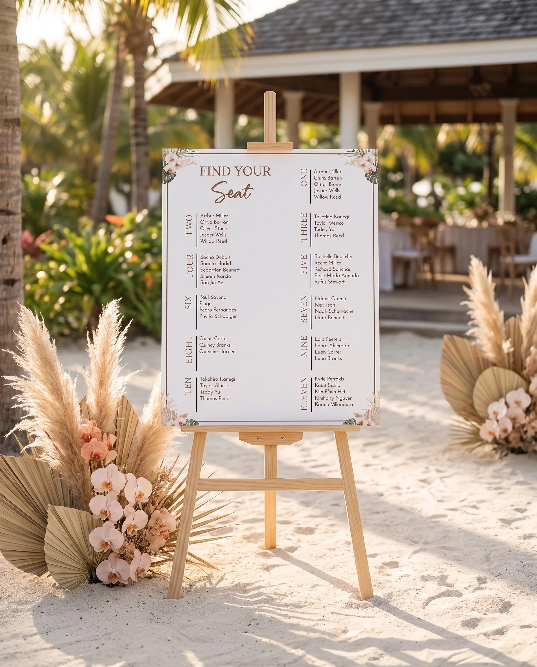 Palm Orchid wedding seating chart — displayed at a reception entrance under soft natural light, seating chart template
