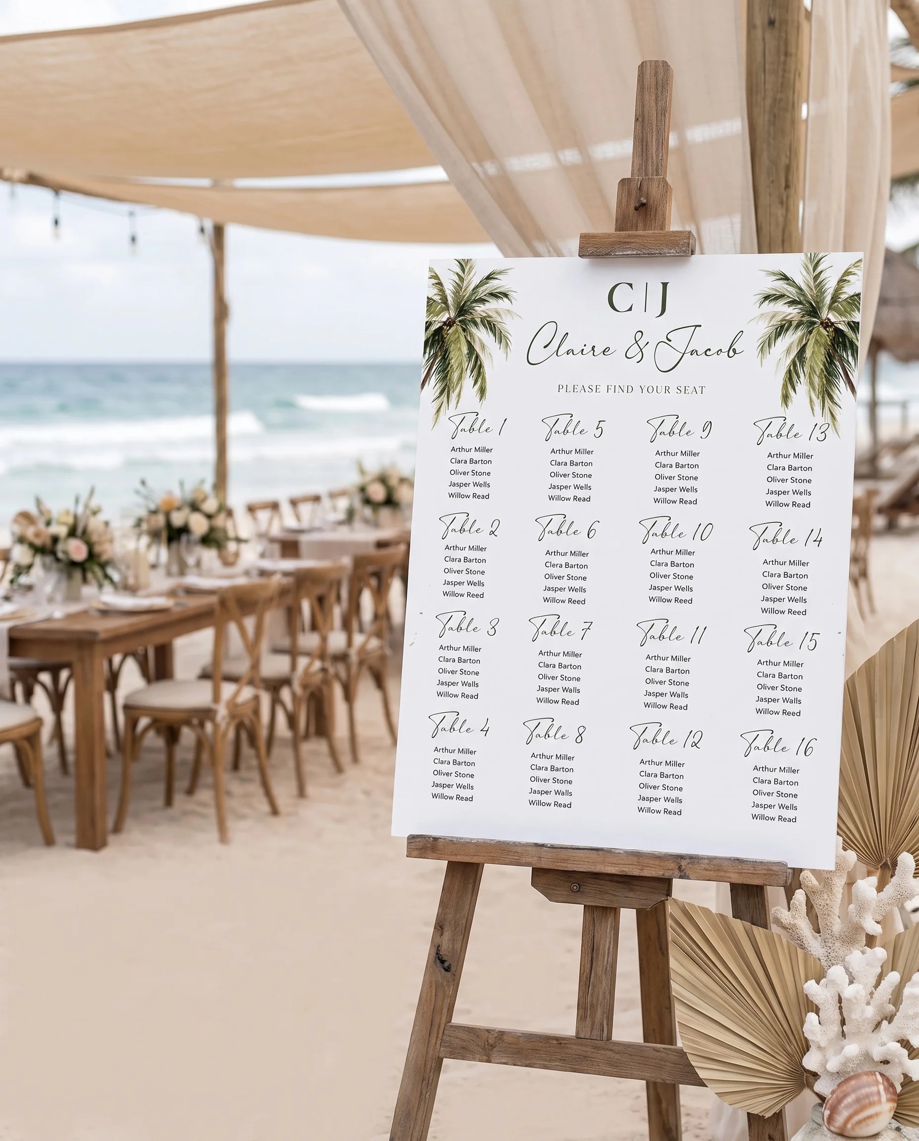 Palmetto Shore wedding seating chart — displayed at a reception entrance under soft natural light with a slight overhead angle, seating chart template