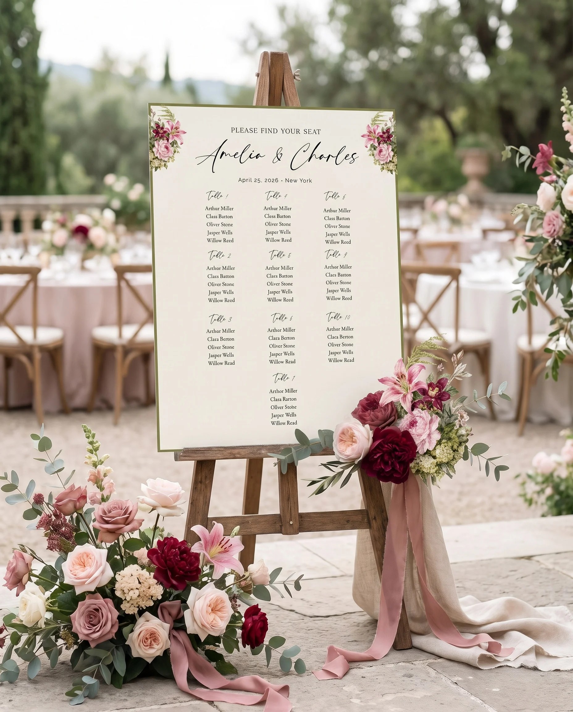 Rosevale wedding seating chart — single page shown at a reception entrance under soft natural light, seating chart template