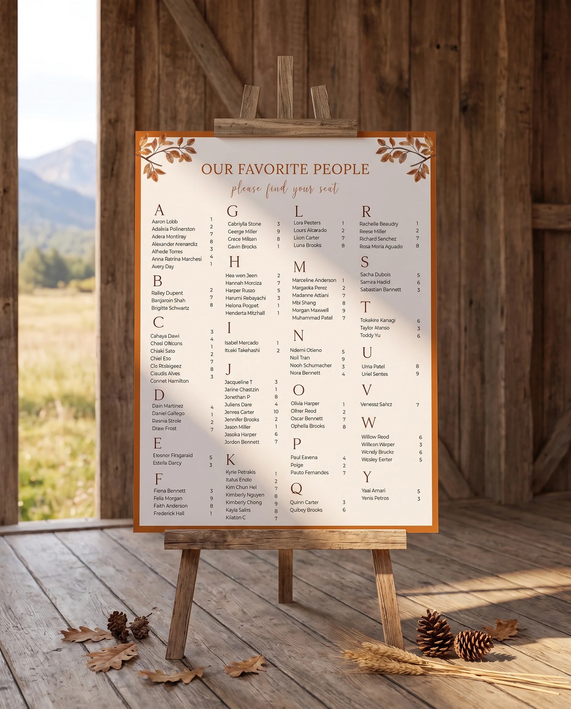 Autumn Vale wedding seating chart — single page displayed on an easel under soft natural light, wedding seating chart.