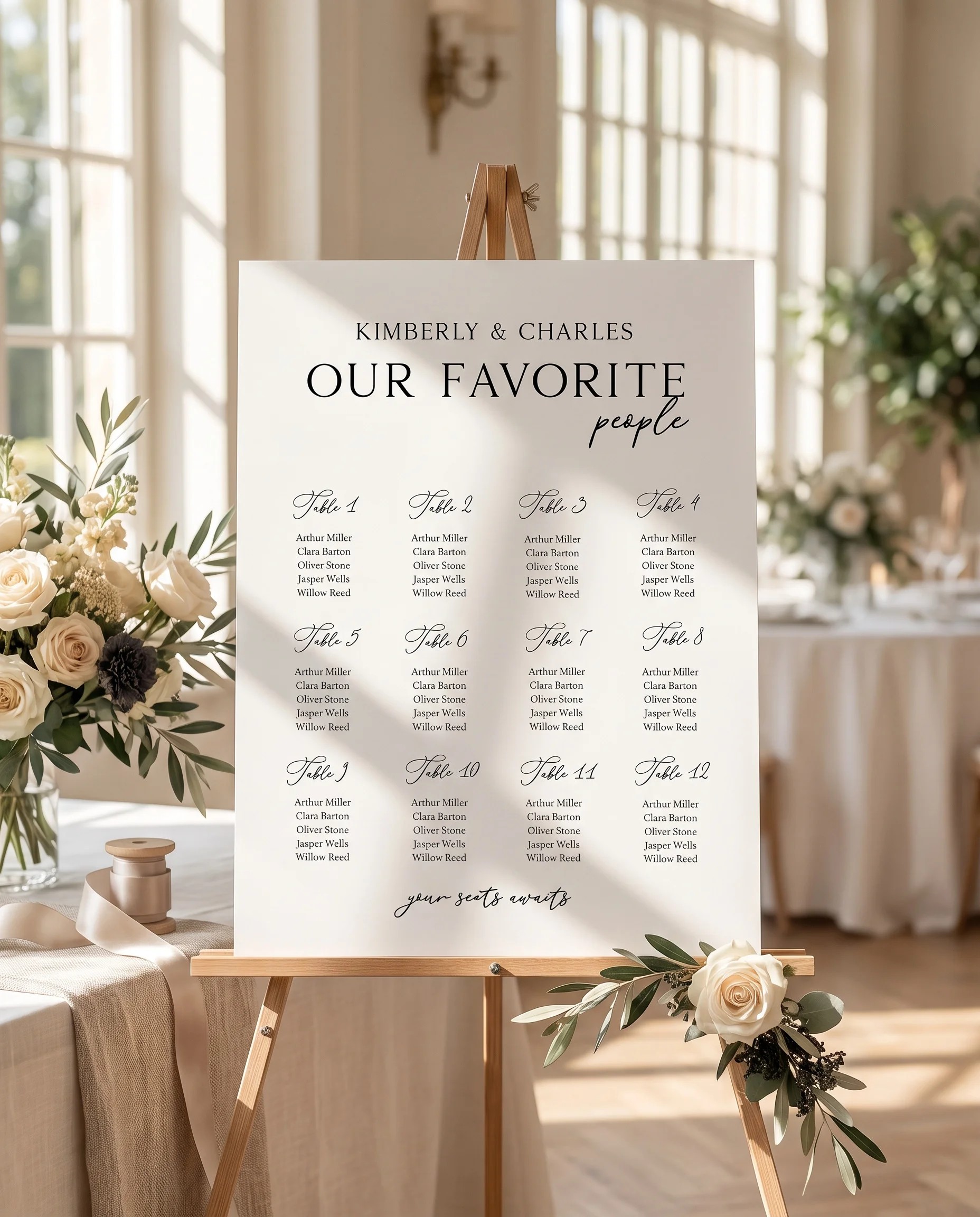 Quiet Line wedding seating chart — displayed at a reception entrance under soft natural light with a slight overhead angle, seating chart template.