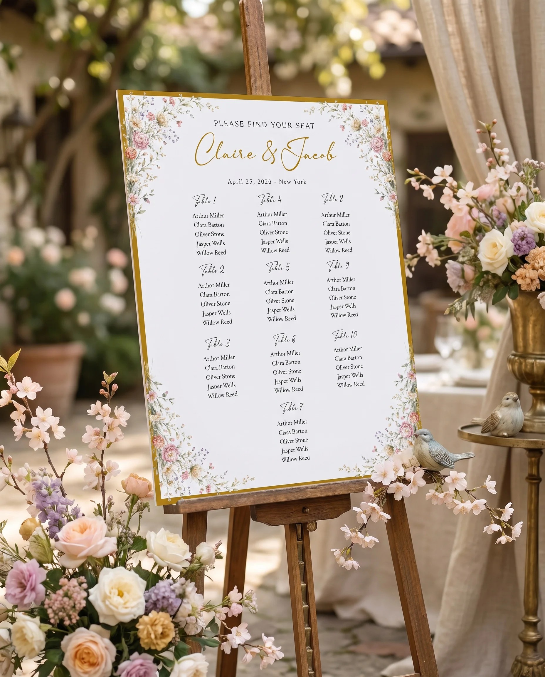 Petal Arbor wedding seating chart — displayed at a reception entrance under soft natural light, seating chart template