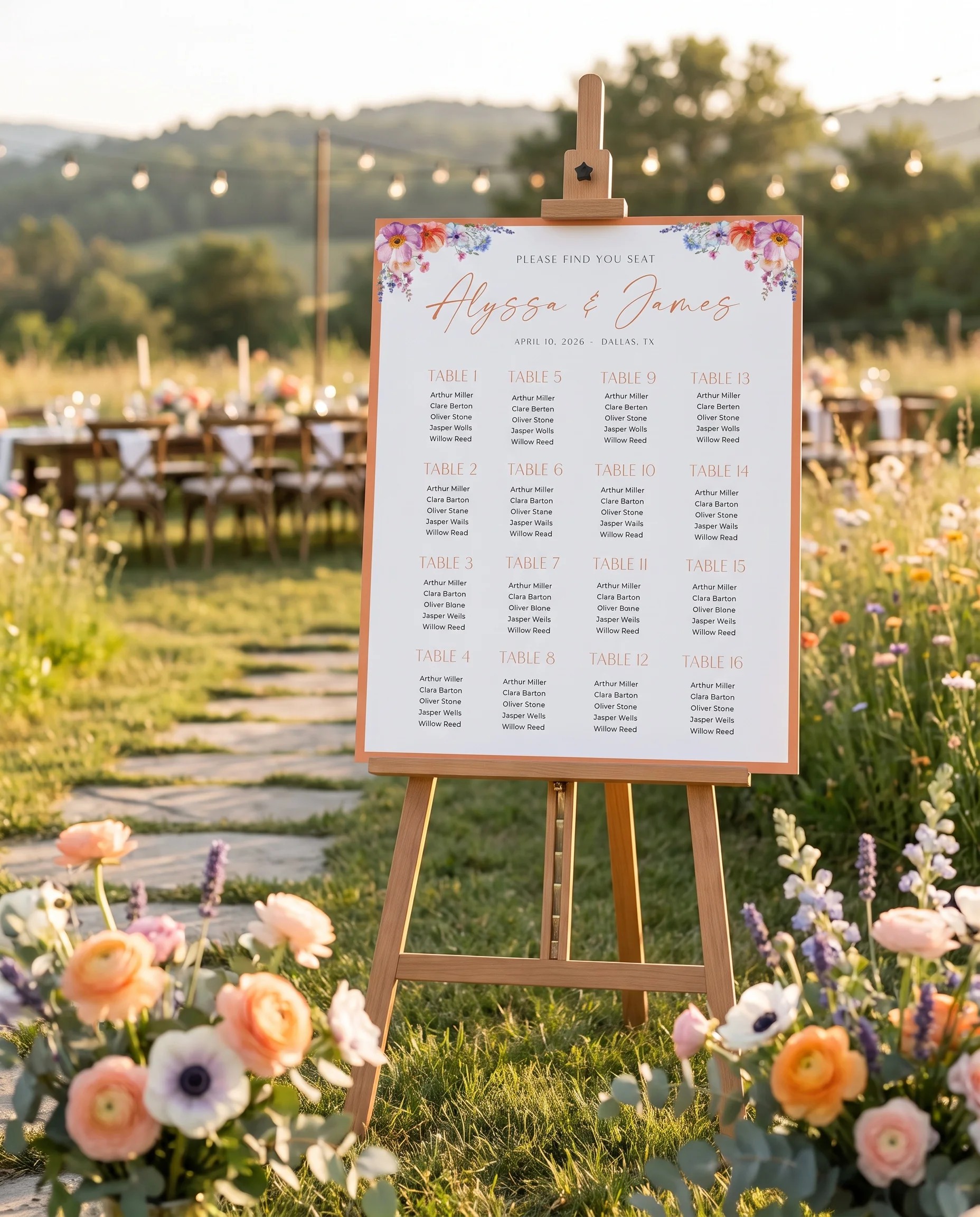 Wildmeadow Bouquet wedding seating chart — displayed at a reception entrance under soft natural light with a slight overhead angle, seating chart template