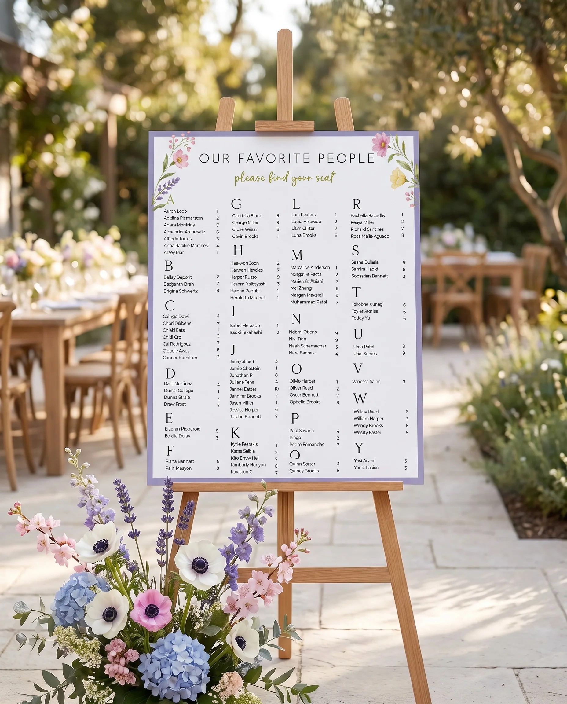 Anemone Toast wedding seating chart — single page displayed at a reception entrance under soft natural light with a slight overhead view, seating chart template