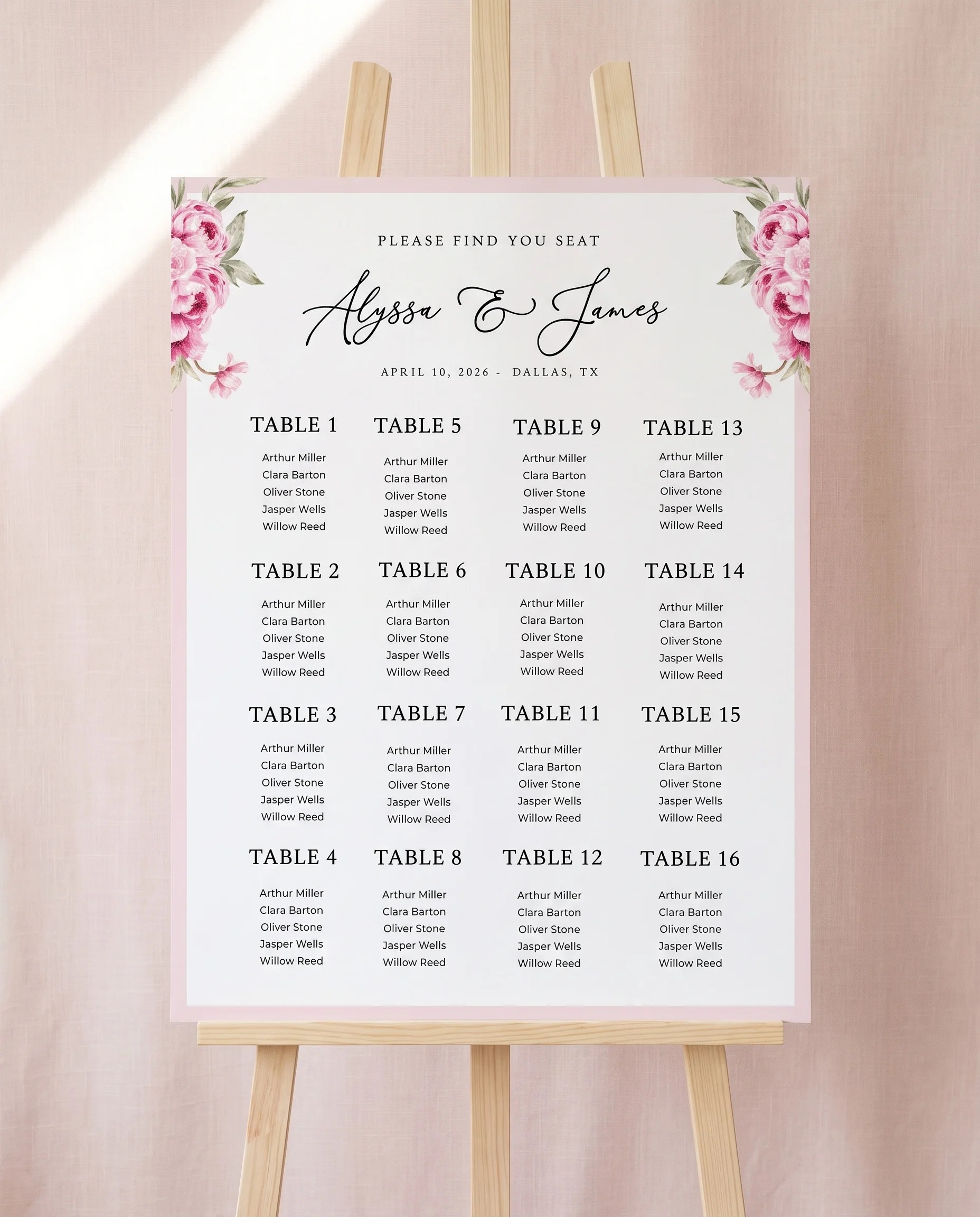 Blush Peony wedding seating chart — single page displayed on an easel under soft natural light, wedding seating chart