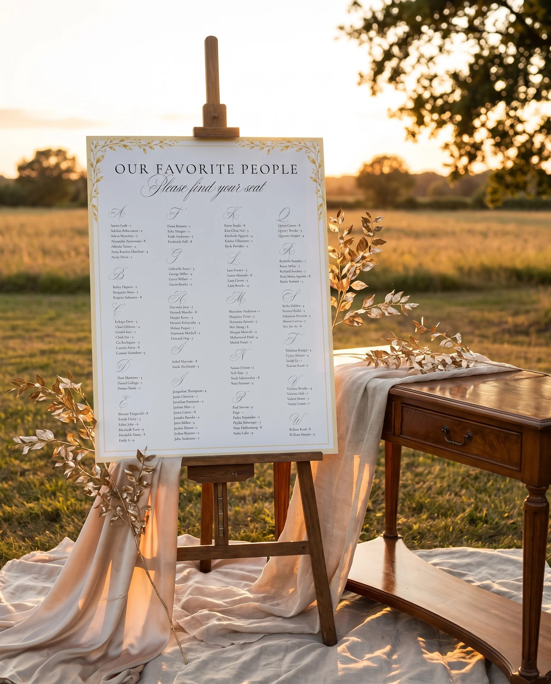 Gilded Bough wedding seating chart — single page shown beside furniture for scale under soft natural light, wedding seating chart template