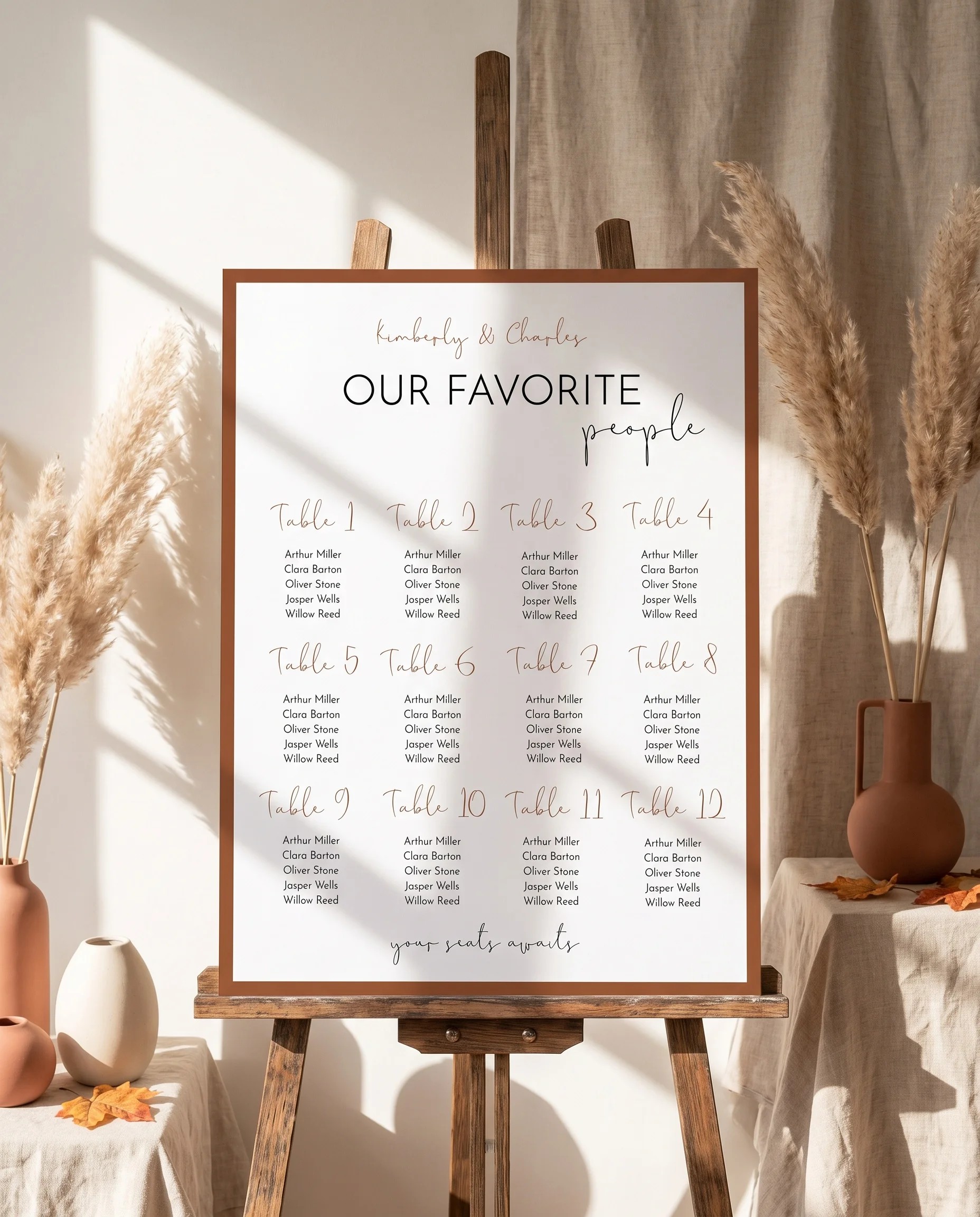 Stevens wedding seating chart — single page displayed on an easel under soft natural light, wedding seating chart