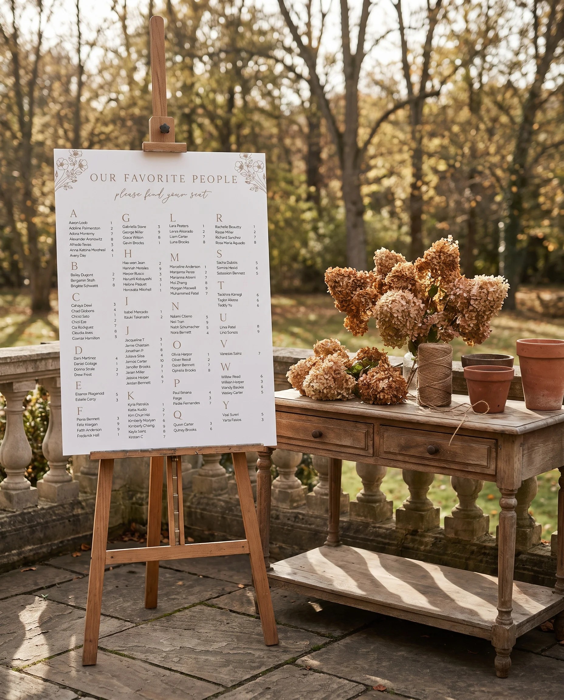 Anemora wedding seating chart — shown beside furniture for scale under soft natural light, wedding seating chart template
