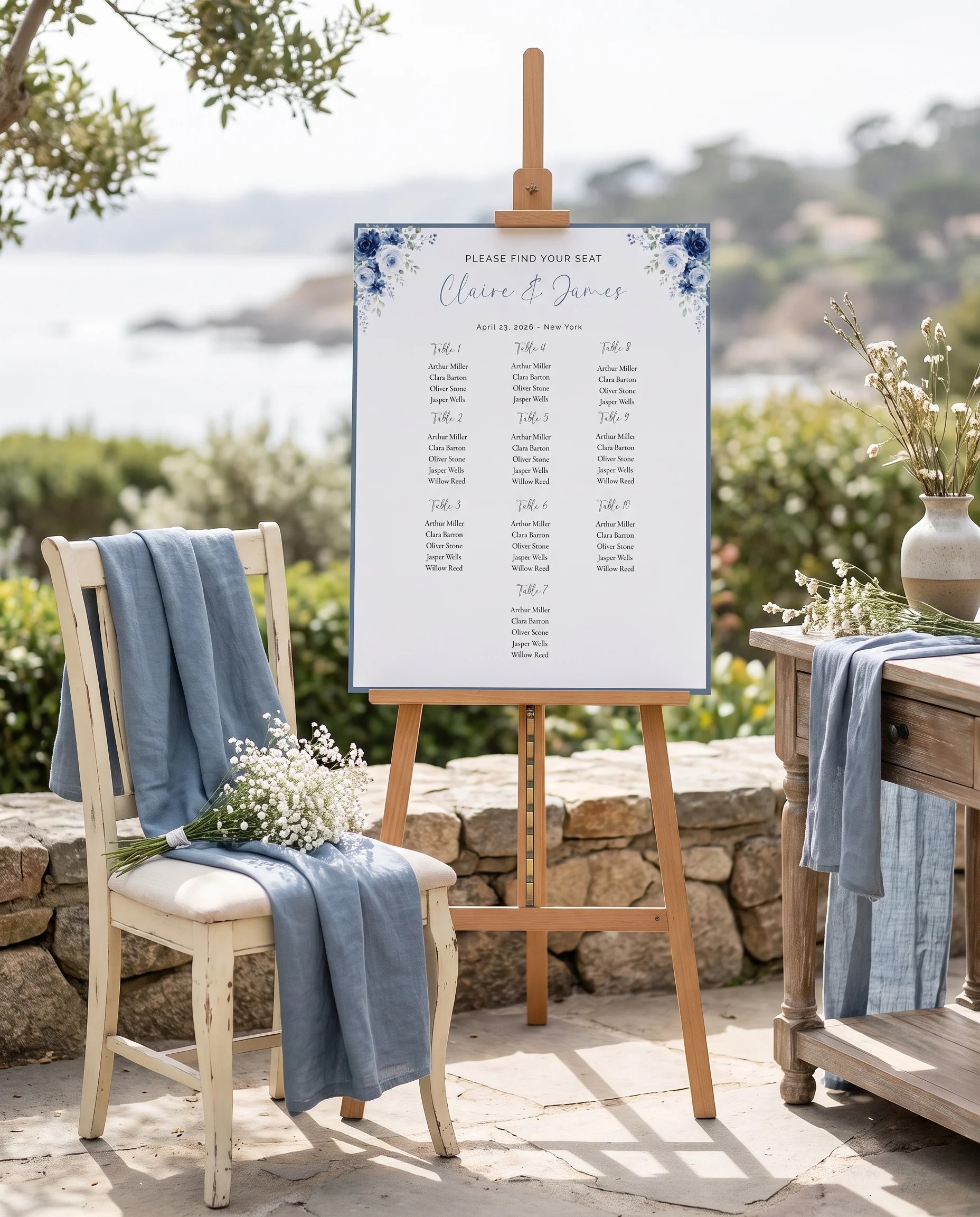 Bluebloom wedding seating chart — single page shown beside furniture for scale under soft natural light, wedding seating chart template.
