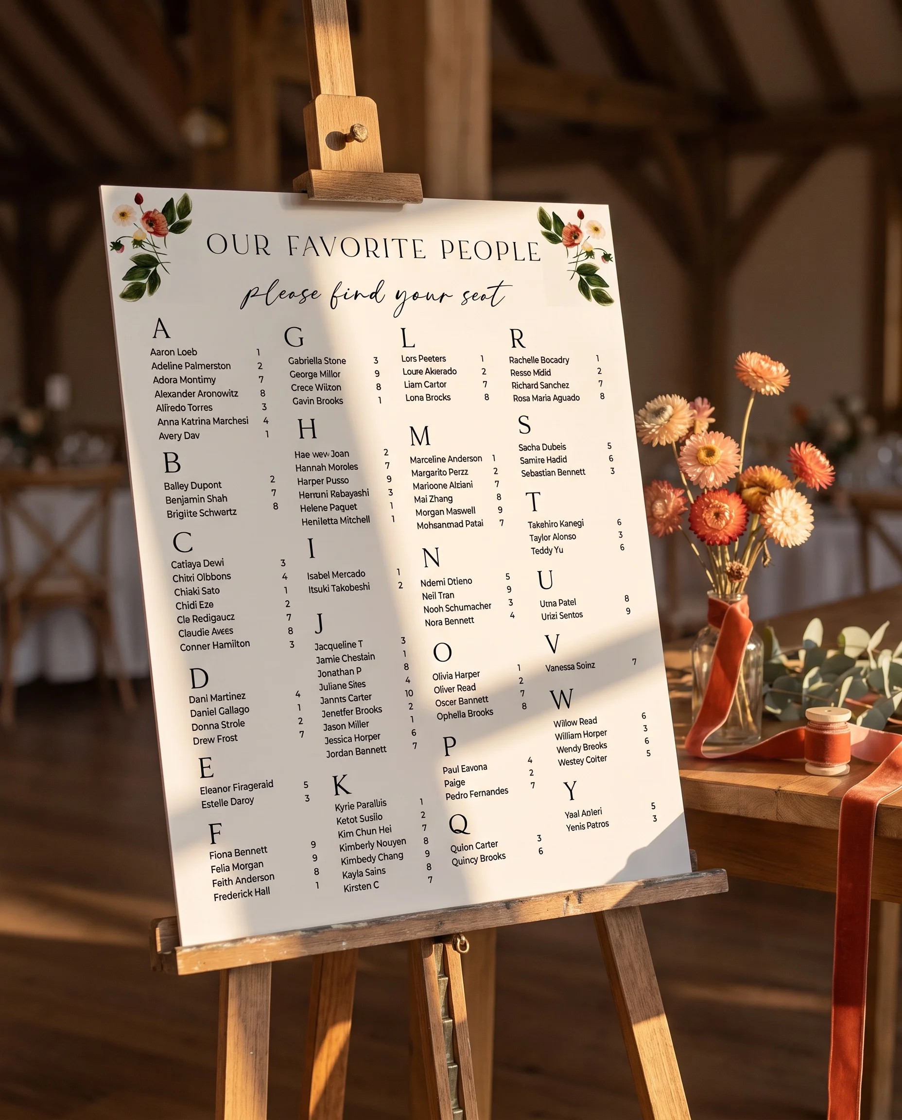 Eucalyptus Bloom wedding seating chart — displayed at a reception entrance under soft natural light with a slight overhead angle, seating chart template.