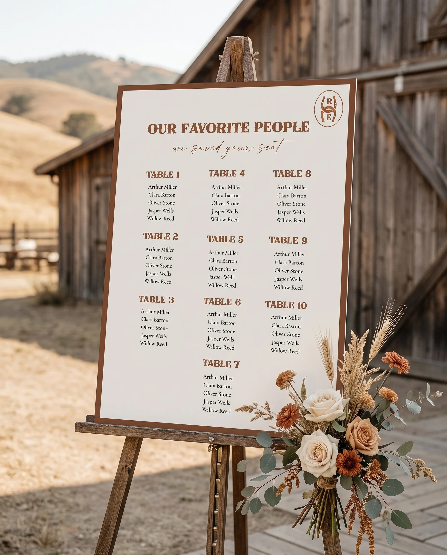 Saddle Crest wedding seating chart — displayed at a reception entrance under soft natural light, seating chart template.