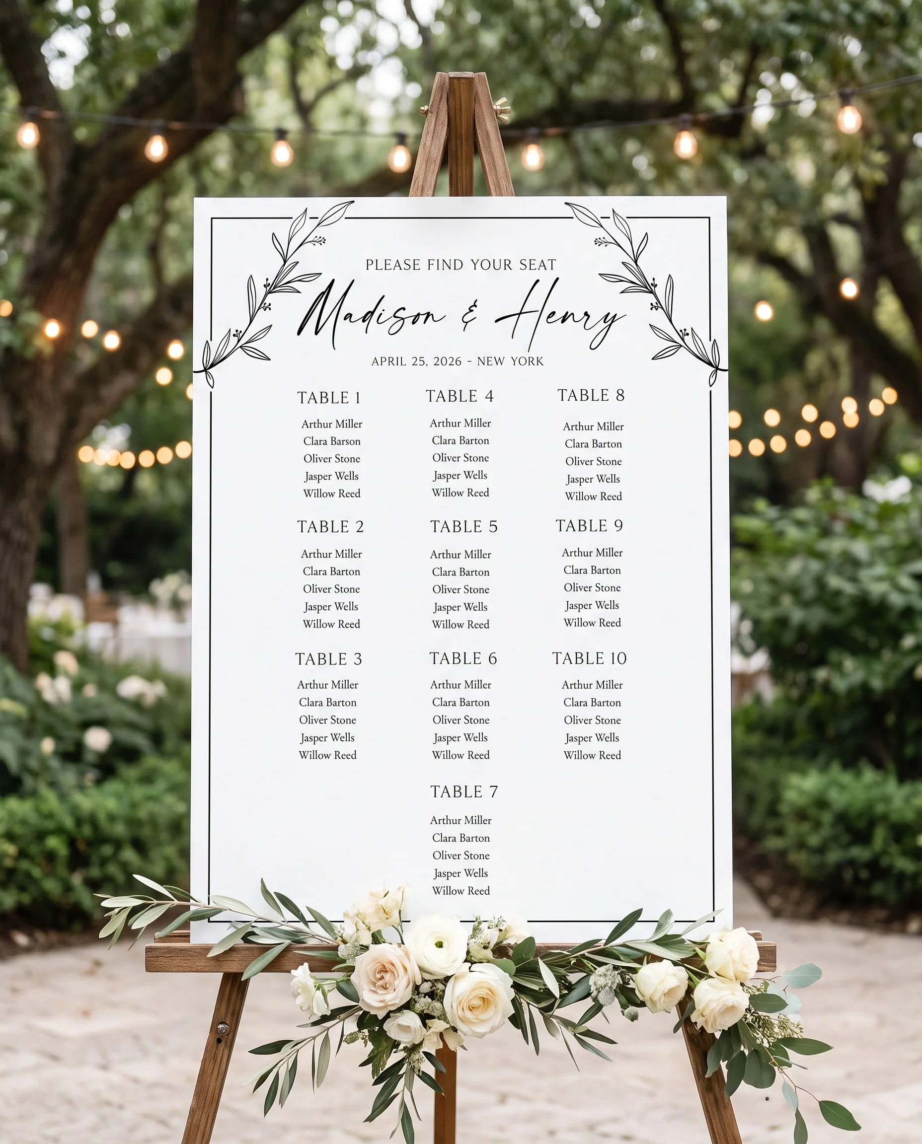 Willow Script wedding seating chart — single page displayed at a reception entrance in soft natural light with a slight overhead angle, seating chart template