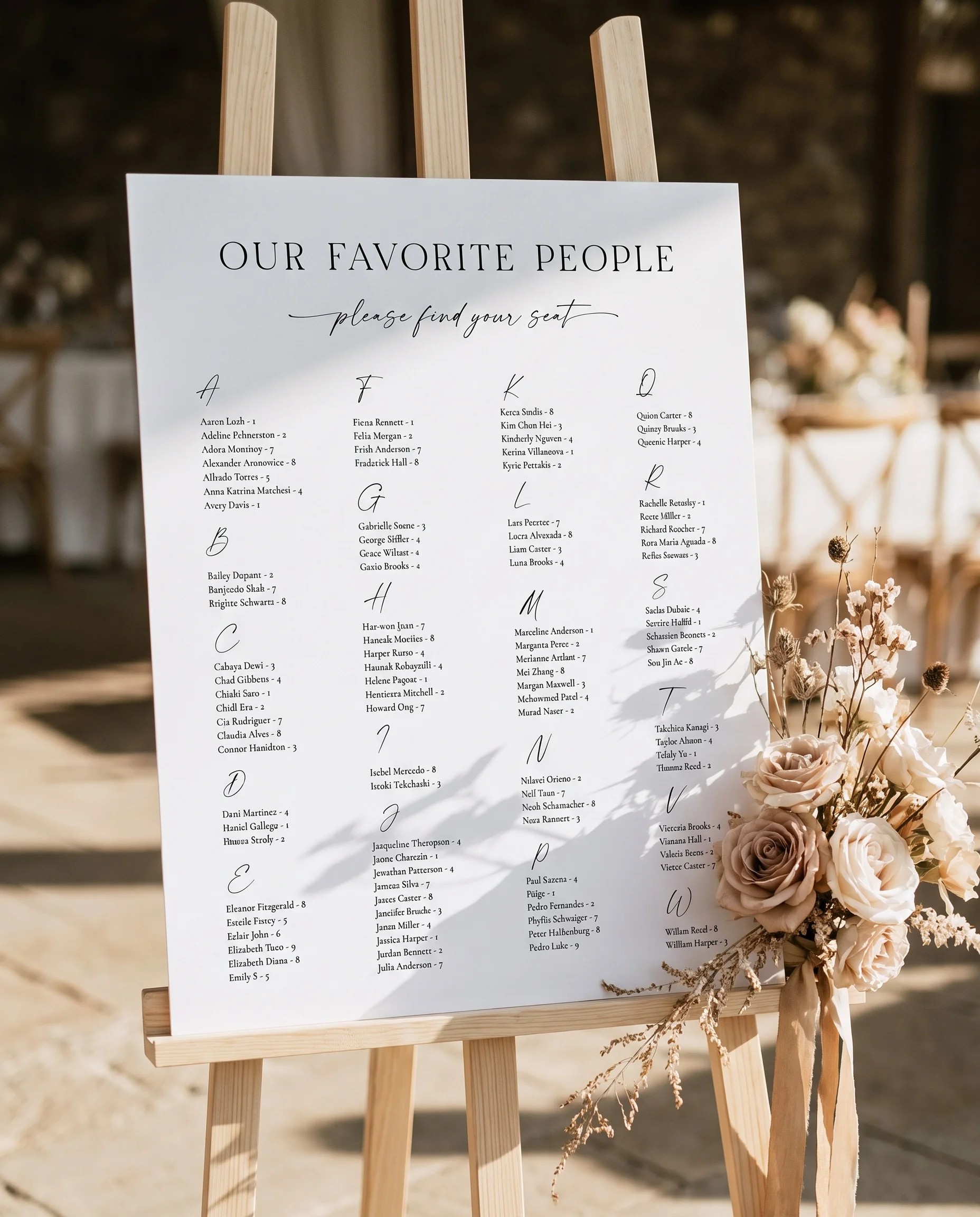 Charline wedding seating chart — single page displayed at a reception entrance under soft natural light, seating chart template