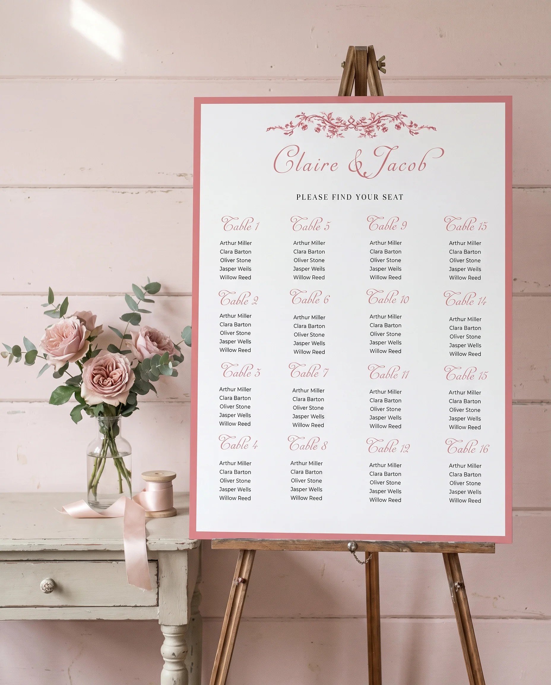Rosewood Trellis wedding seating chart — shown beside furniture for scale under soft natural light, wedding seating chart template