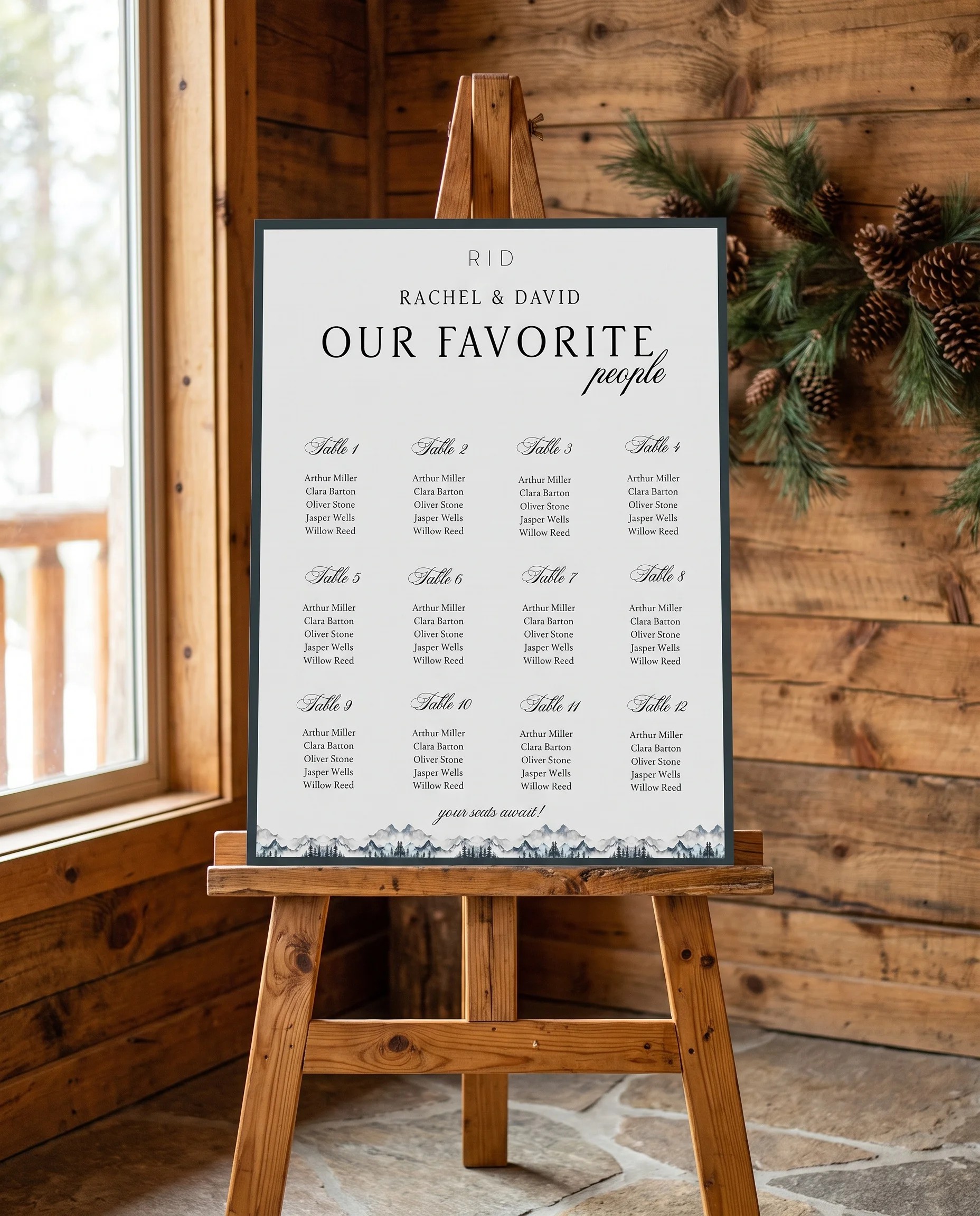 Pinecrest wedding seating chart — displayed on an easel under soft natural light with a slight overhead angle, wedding seating chart