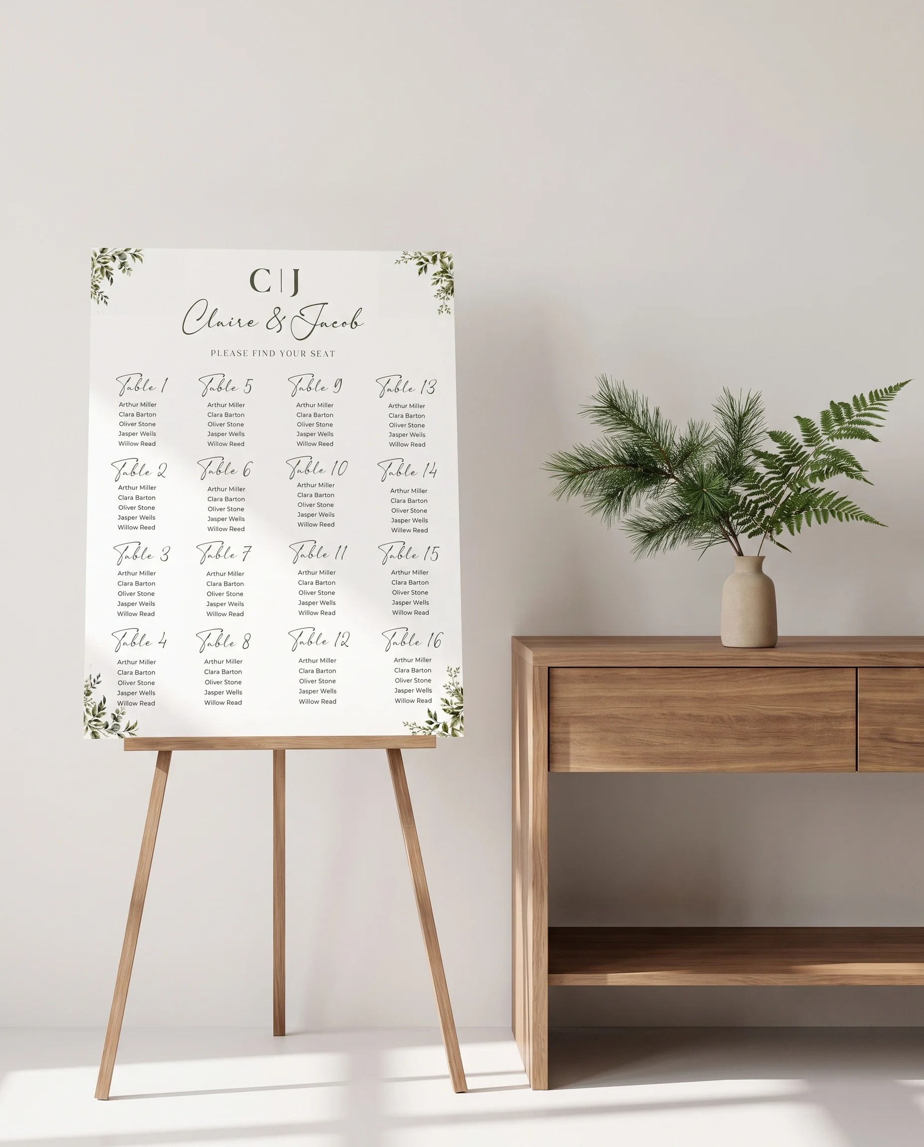 Canopy Grove wedding seating chart — single page shown beside furniture for scale under soft natural light, wedding seating chart template.