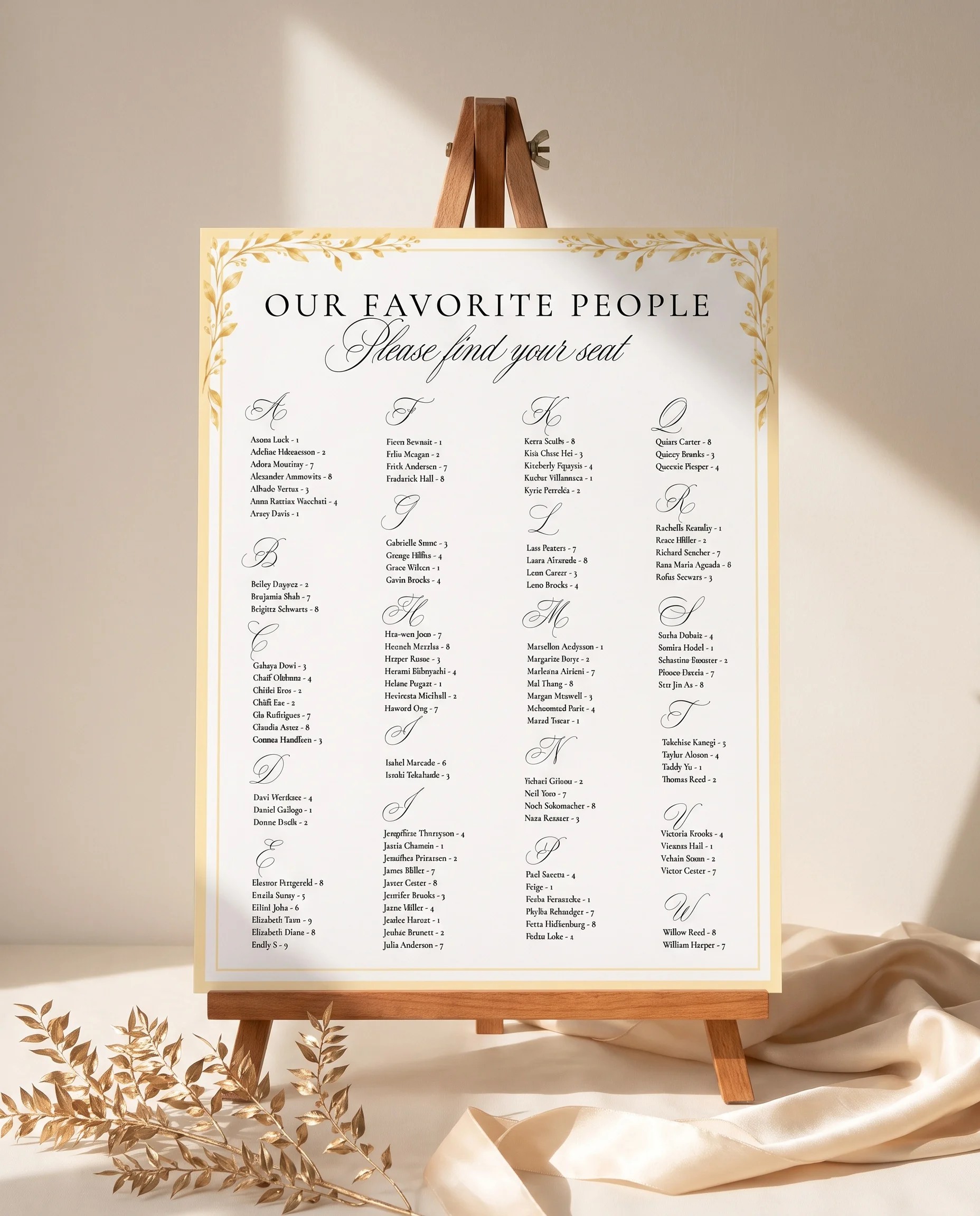 Gilded Bough wedding seating chart — displayed on an easel under soft natural light, slight overhead angle, wedding seating chart.