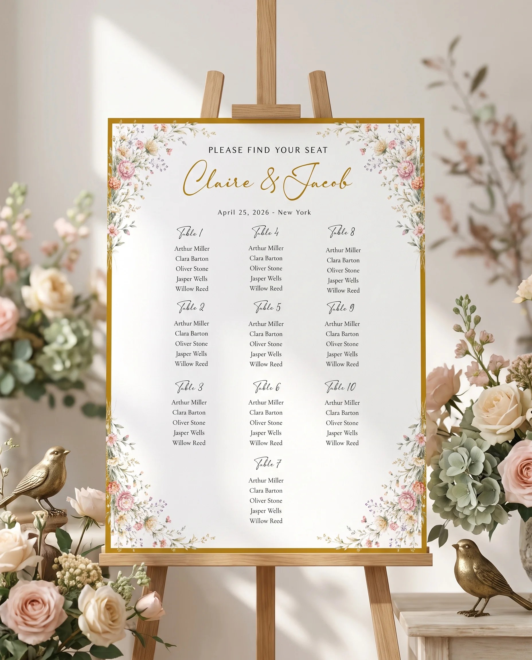Petal Arbor wedding seating chart — displayed on an easel under soft natural light with a slight overhead angle, wedding seating chart