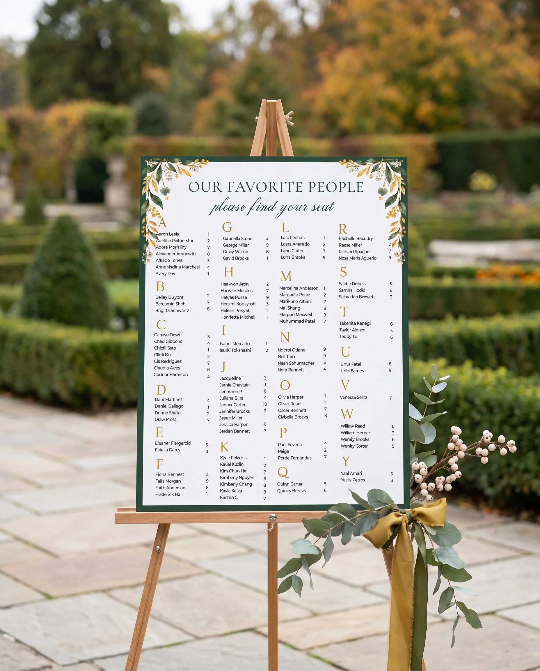 Gilded Foliage wedding seating chart — displayed at a reception entrance under soft natural light, seating chart template.