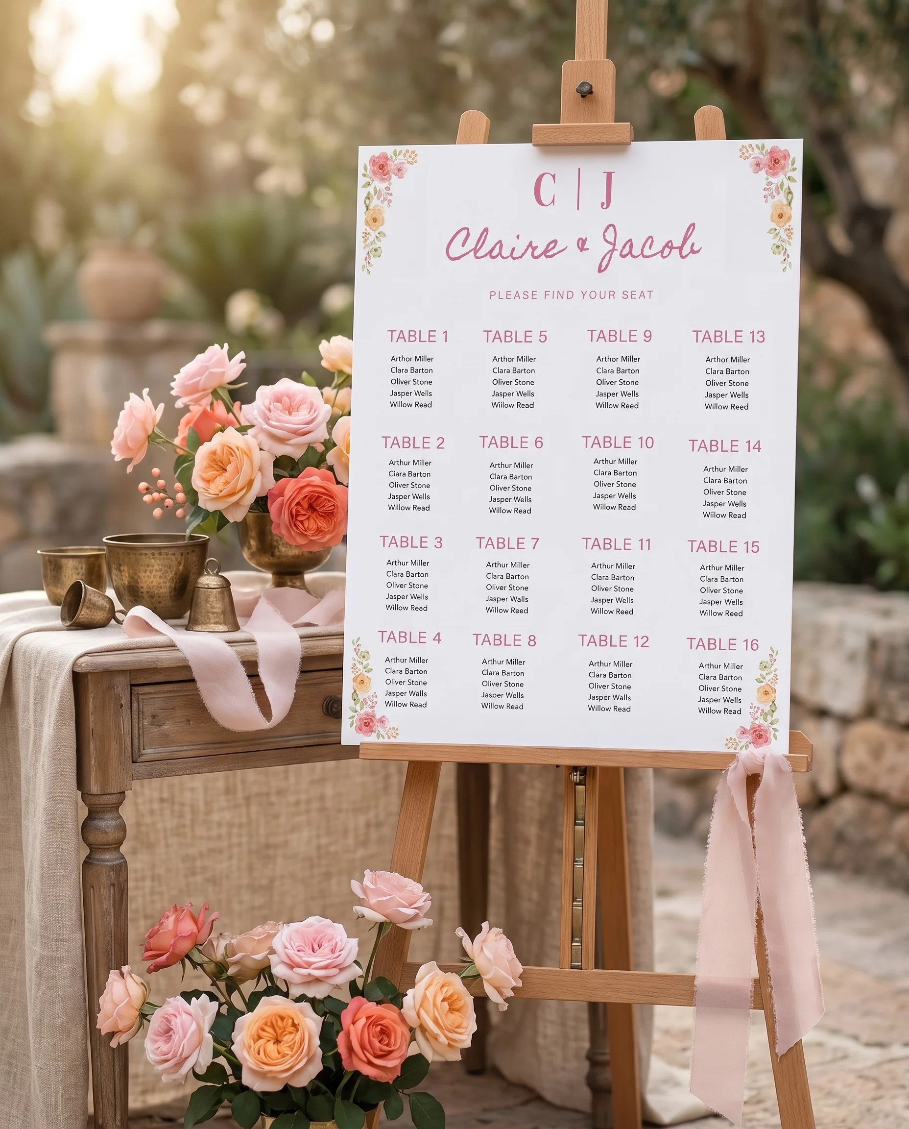 Blush Garland wedding seating chart — shown beside furniture for scale under soft natural light, wedding seating chart template.