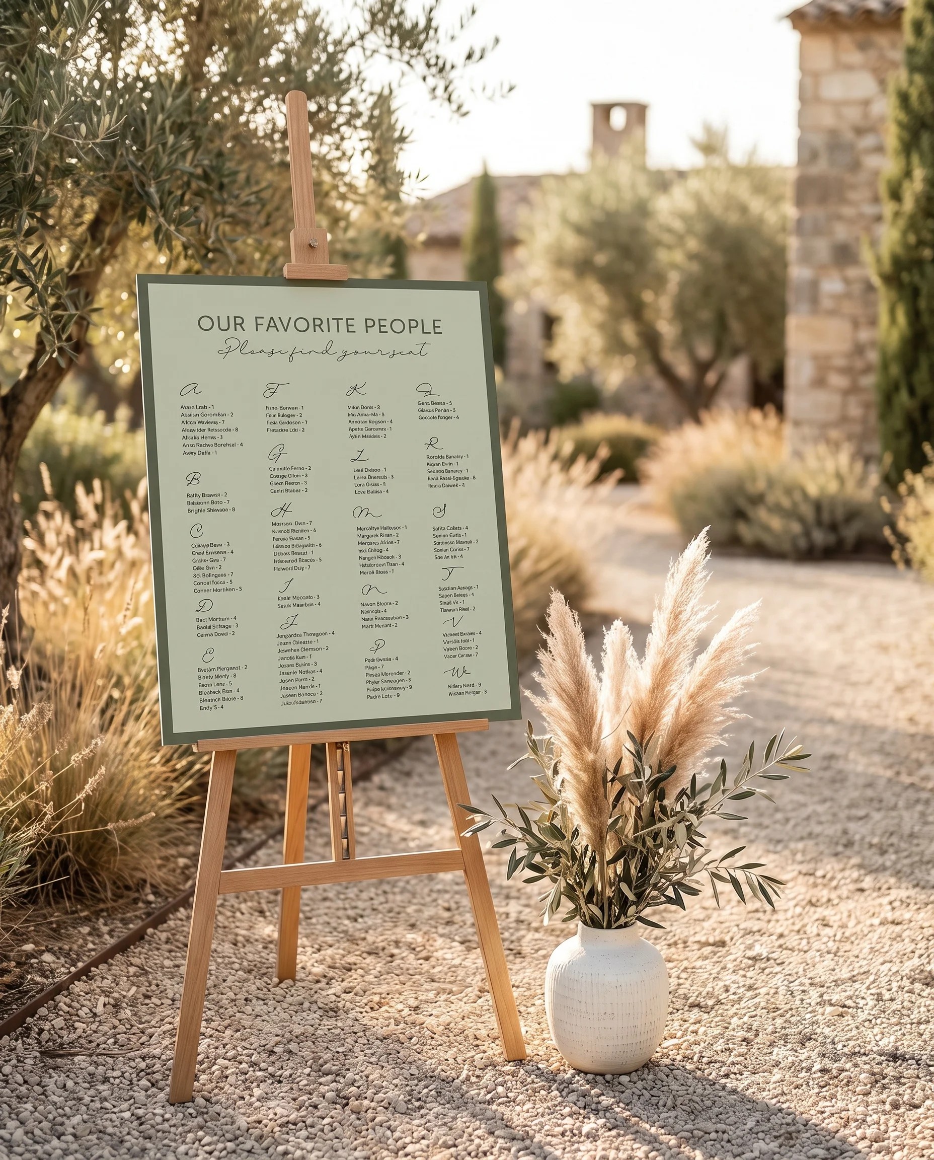 Manor Etching wedding seating chart — displayed at a reception entrance under soft natural light with a slight overhead angle, seating chart template