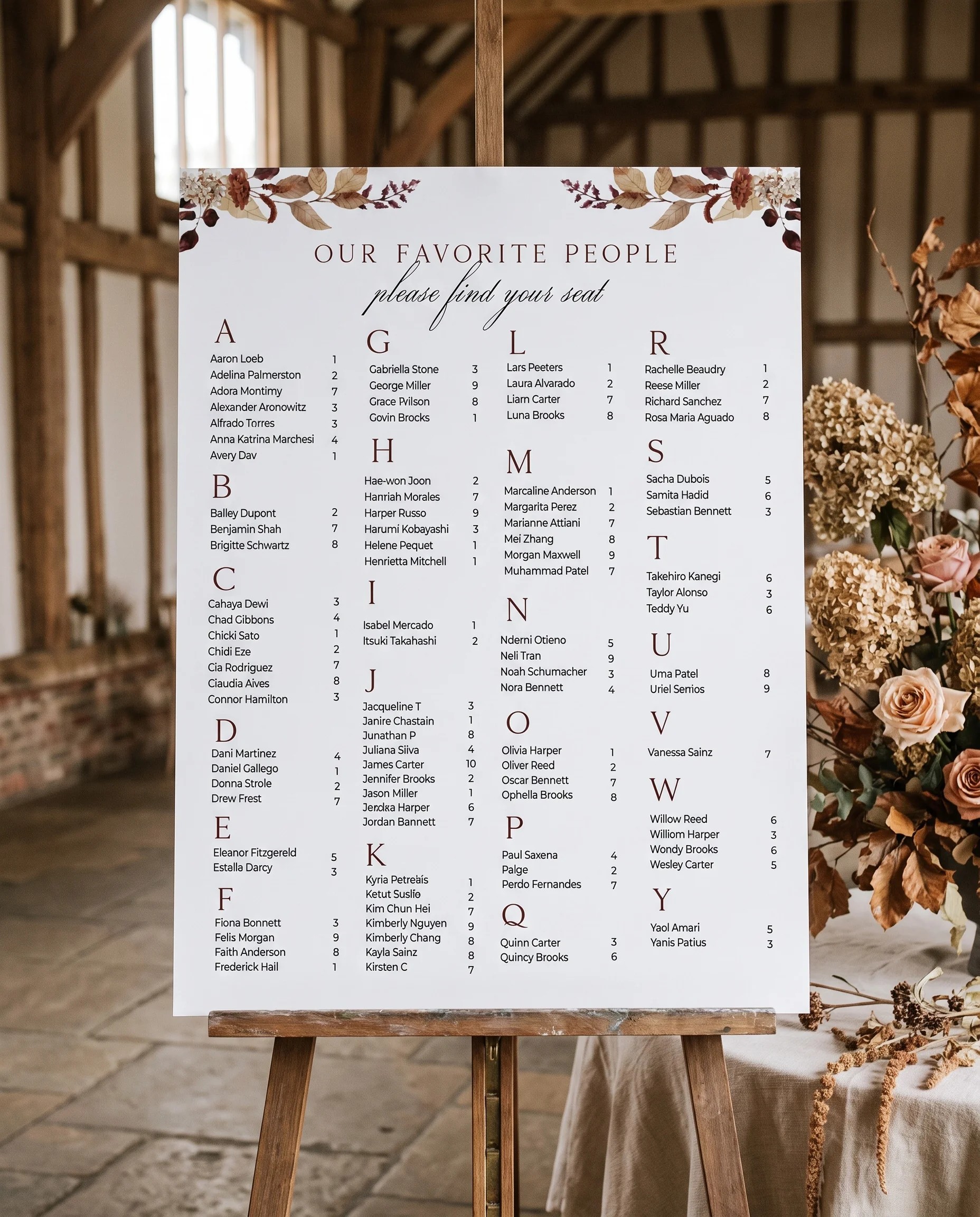 Bramble Row wedding seating chart — single page displayed on an easel under soft natural light, wedding seating chart