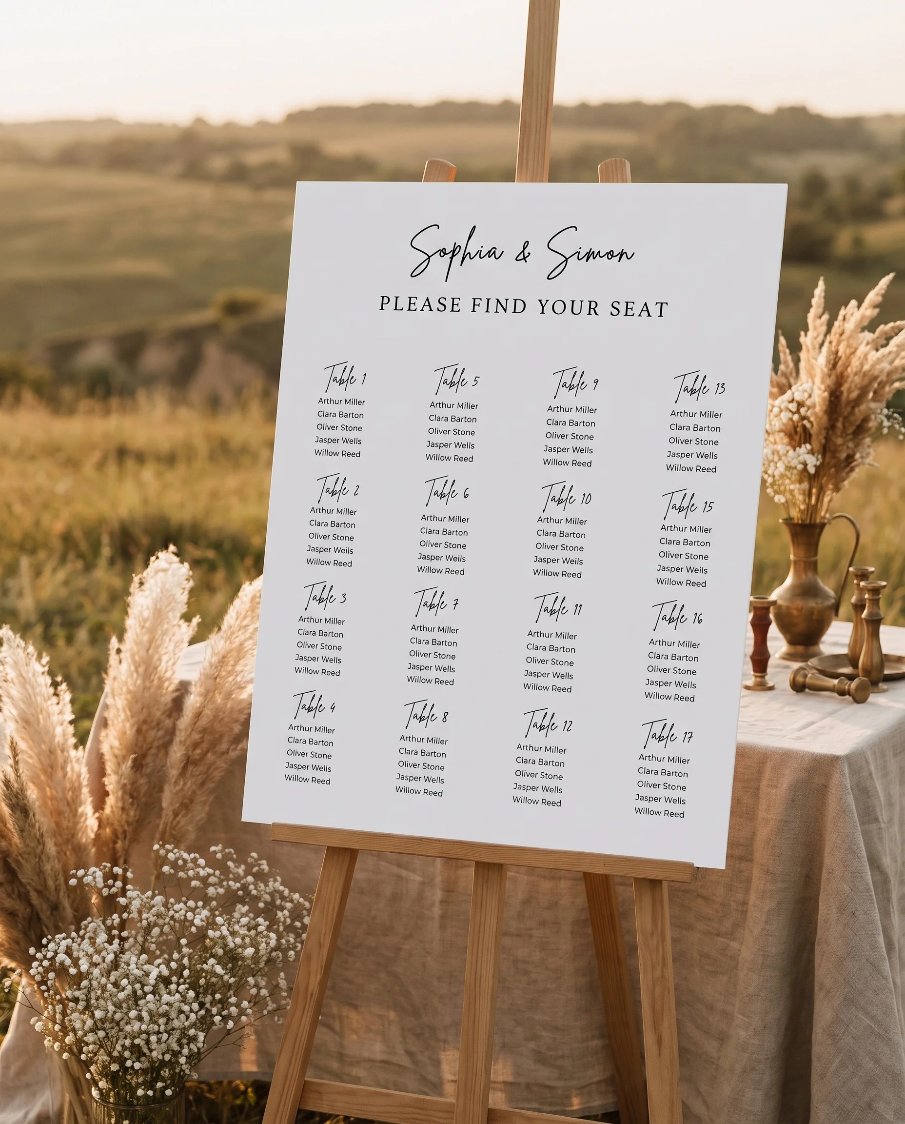 Arrowcrest wedding seating chart — displayed at a reception entrance under soft natural light, seating chart template.