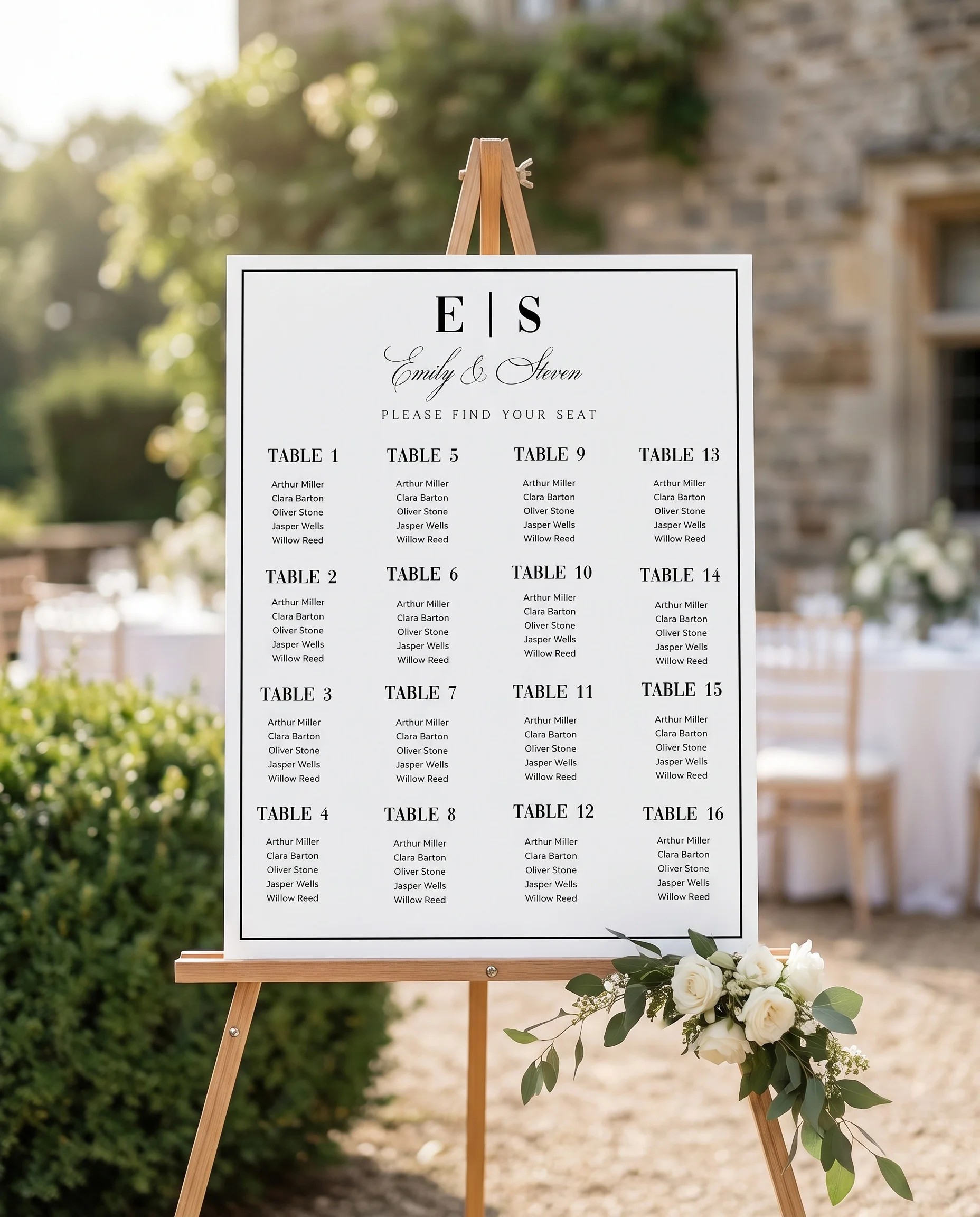 Crestline wedding seating chart — displayed at a reception entrance in soft natural light from a slight overhead angle, seating chart template
