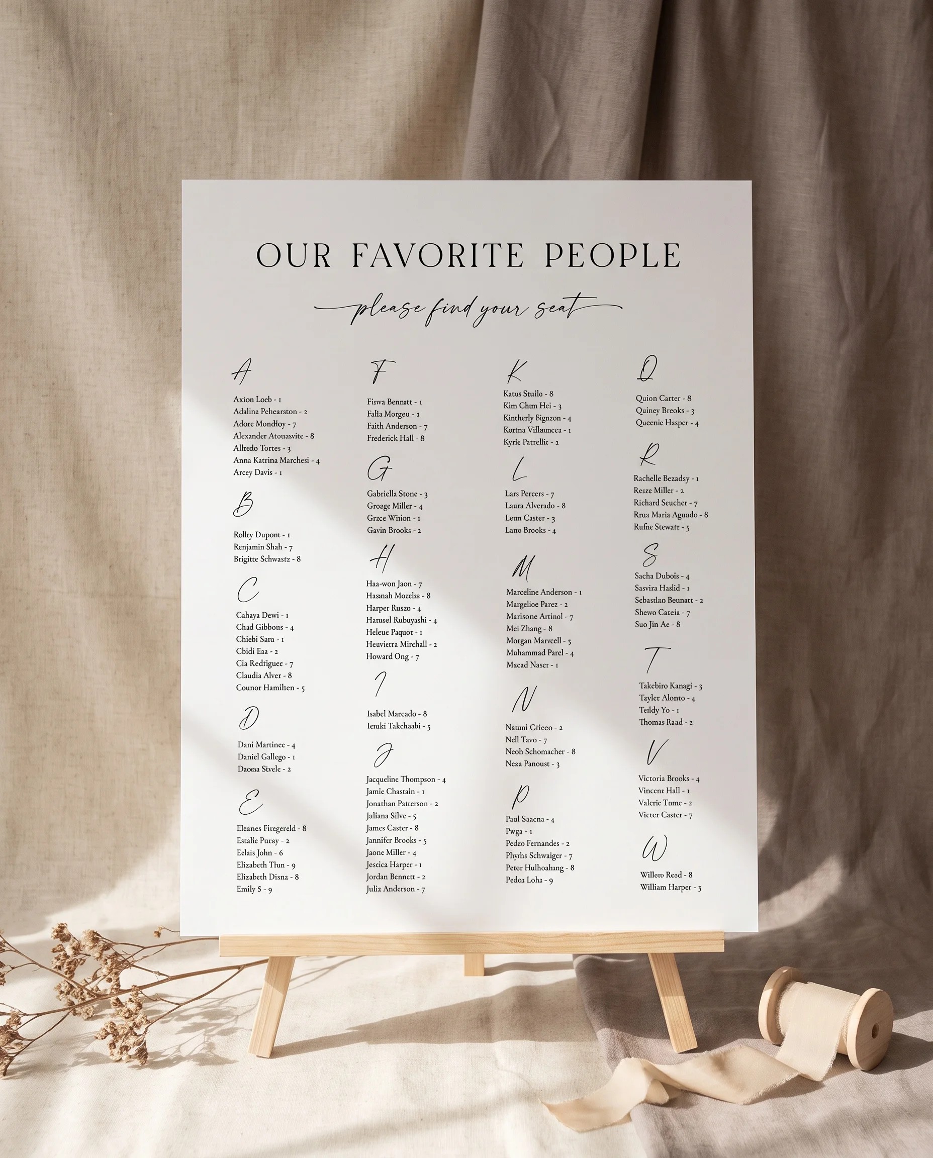 Charline wedding seating chart — displayed on an easel under soft natural light at a slight overhead angle, wedding seating chart