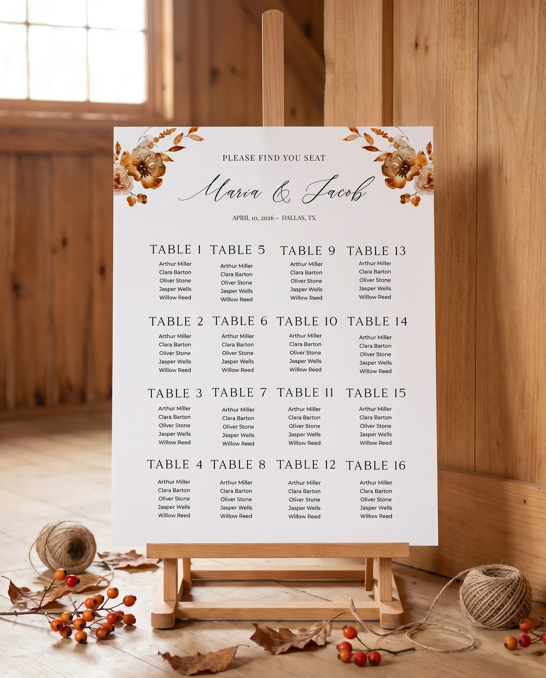 Autumn Bramble wedding seating chart — displayed on an easel under soft natural light with a slight overhead angle, wedding seating chart.