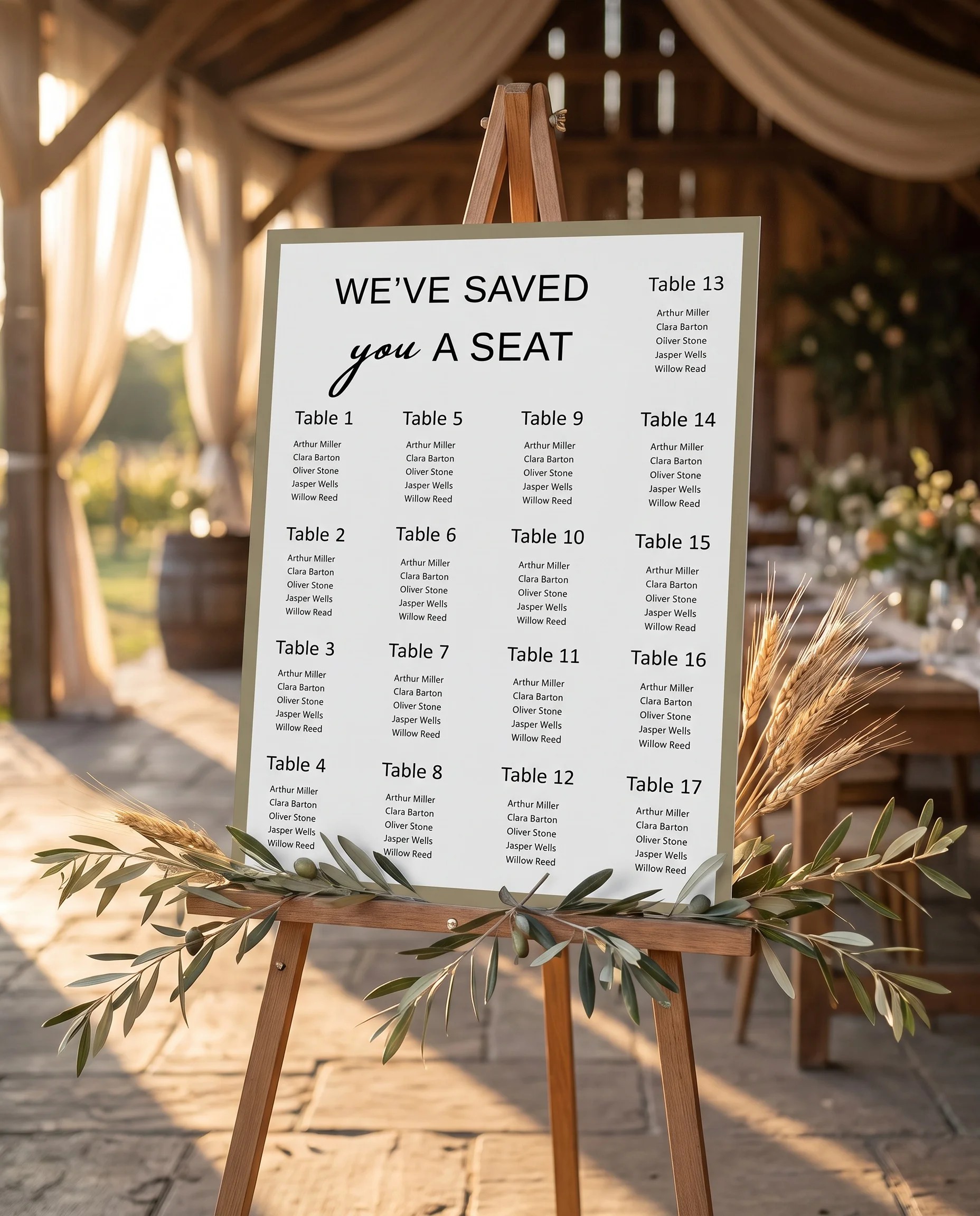 Golden Vale wedding seating chart — single page displayed at a reception entrance under soft natural light, seating chart template
