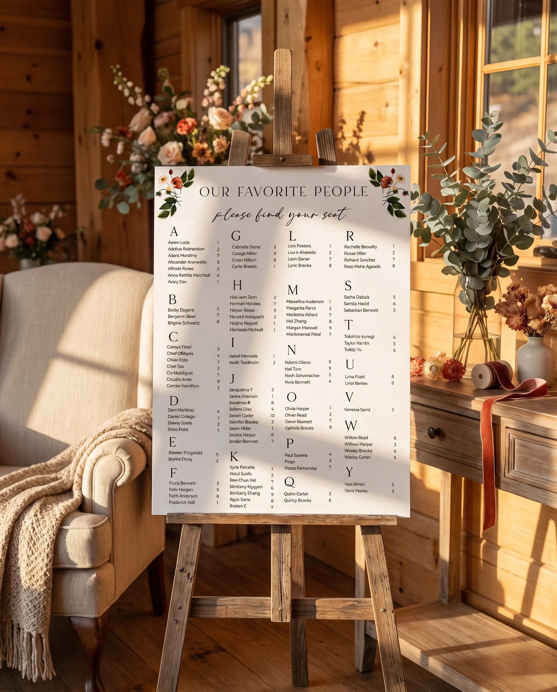 Eucalyptus Bloom wedding seating chart — shown beside furniture for scale under soft natural light, wedding seating chart template.