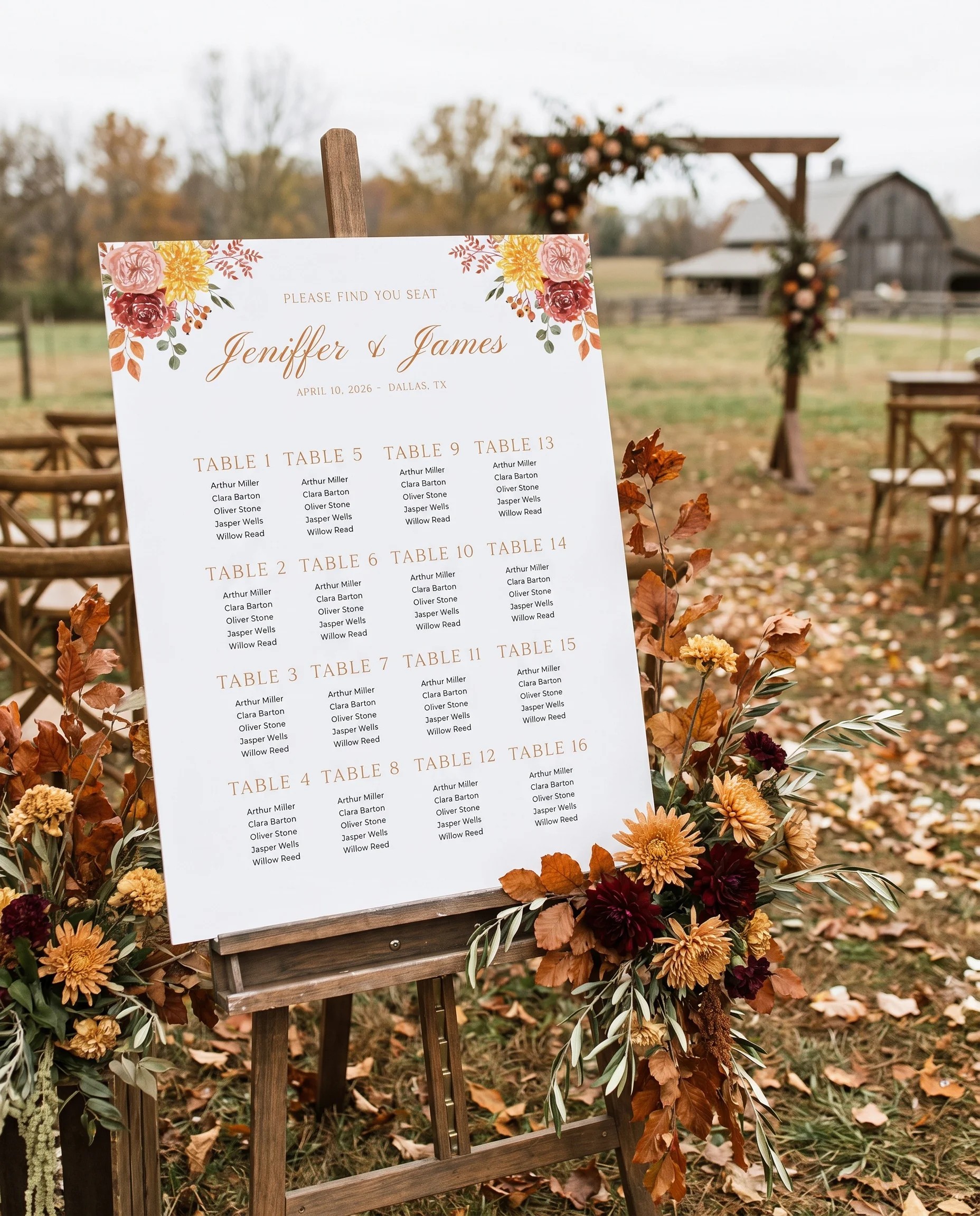 Ember Bloom wedding seating chart — displayed at a reception entrance under soft natural light, seating chart template