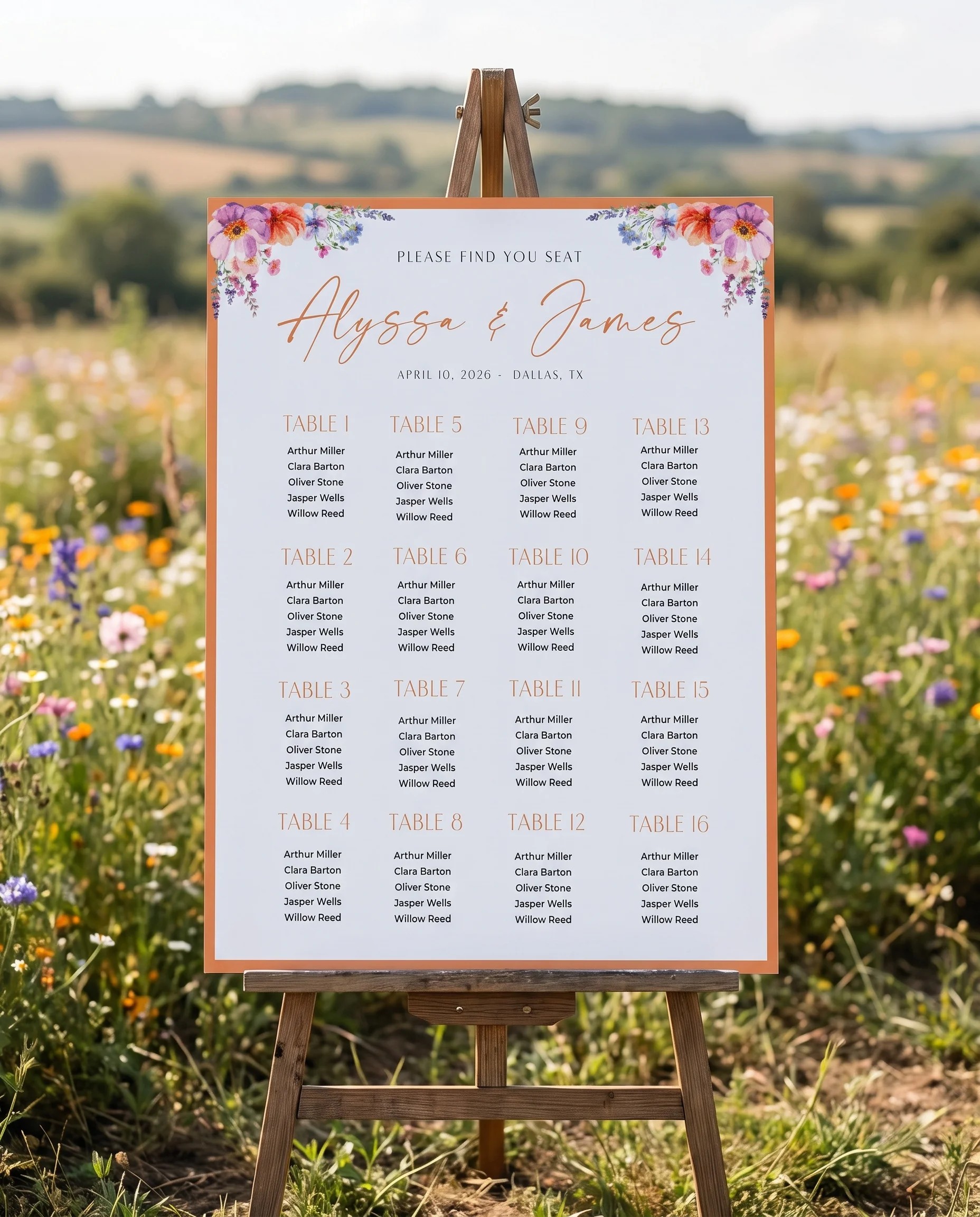 Wildmeadow Bouquet wedding seating chart — displayed on an easel under soft natural light at a slight overhead angle, wedding seating chart.