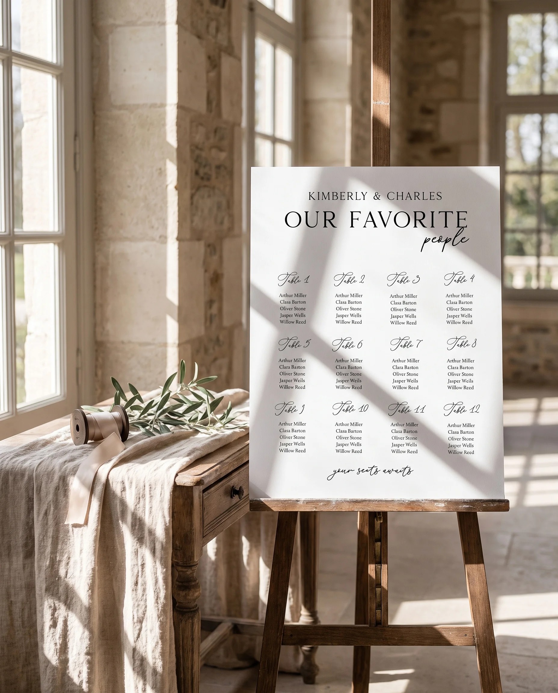 Quiet Line wedding seating chart — single page shown beside furniture for scale under soft natural light, wedding seating chart template.