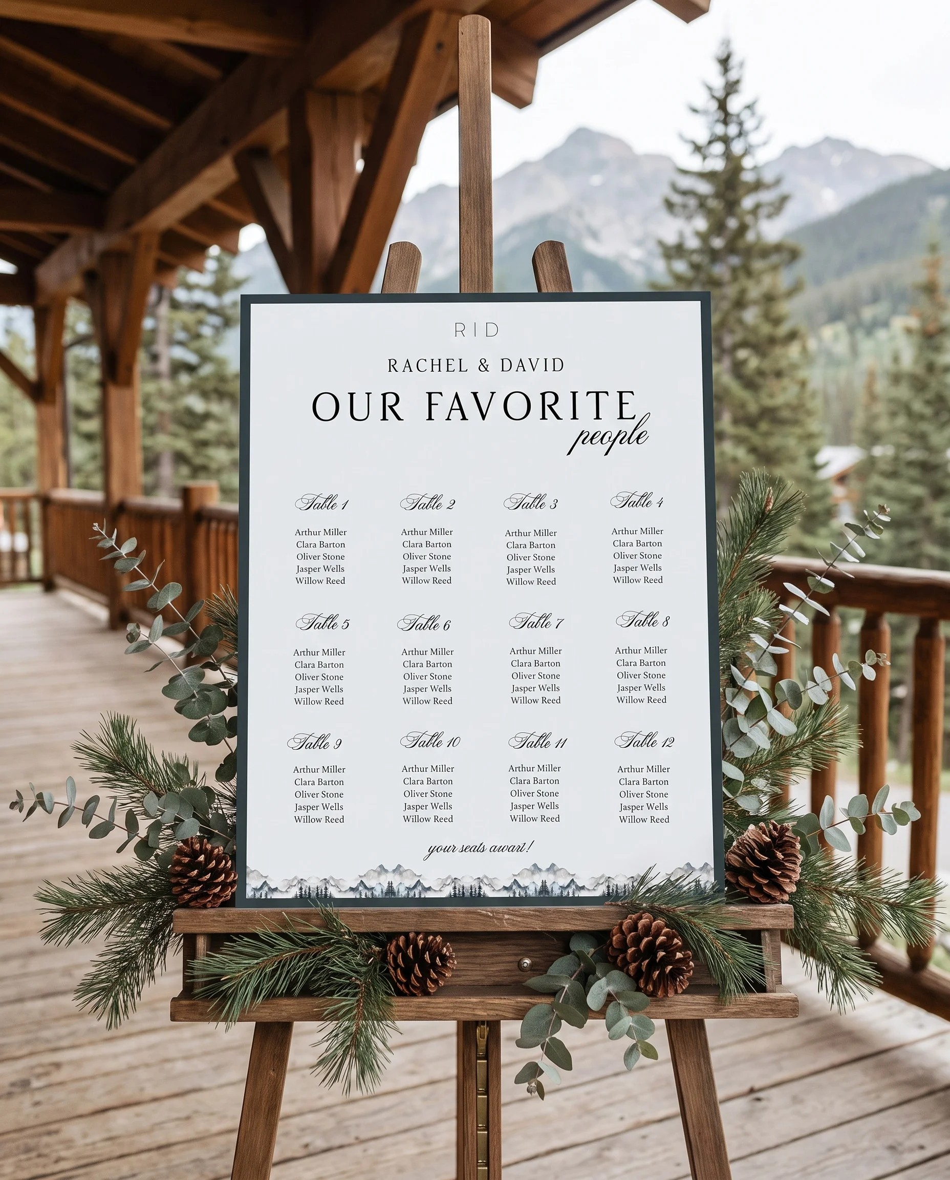 Pinecrest wedding seating chart — displayed at a reception entrance under soft natural light from a slight overhead angle, seating chart template.