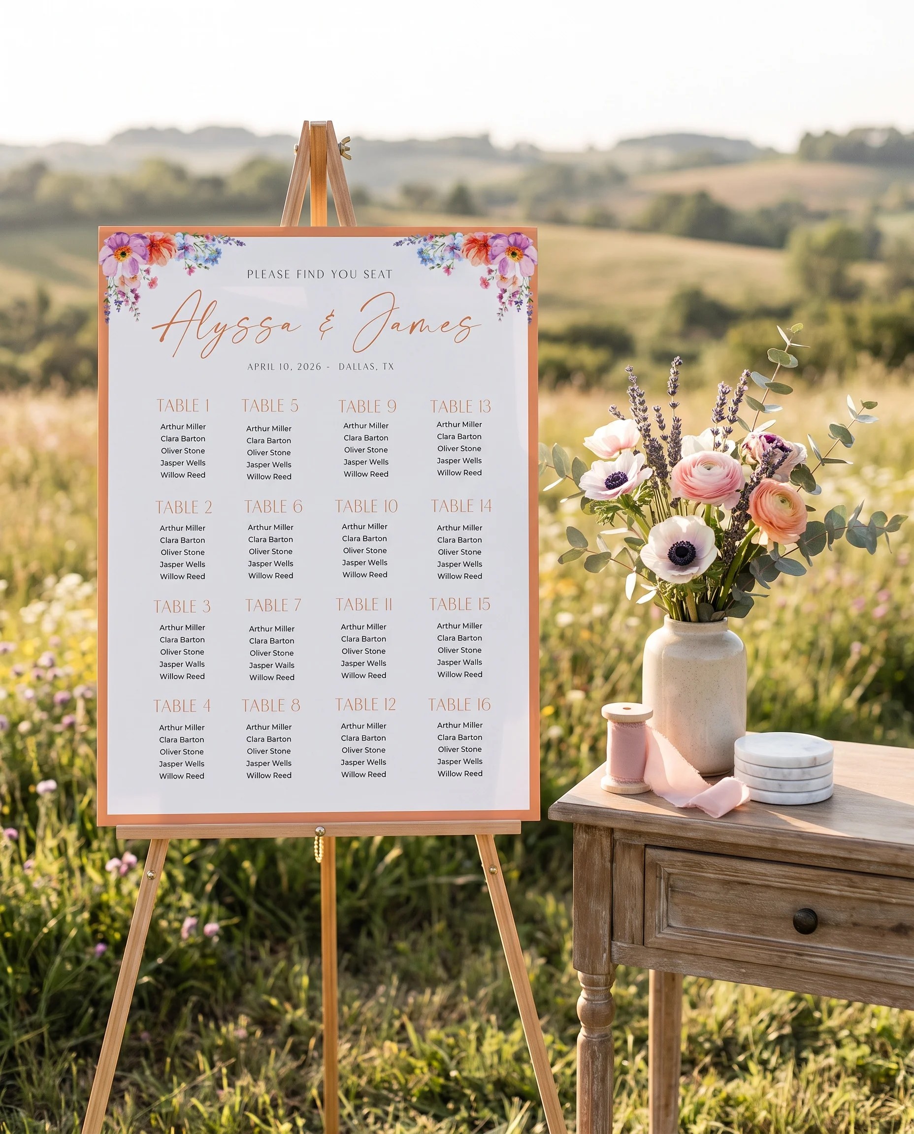 Wildmeadow Bouquet wedding seating chart — shown beside furniture for scale under soft natural light, wedding seating chart template.