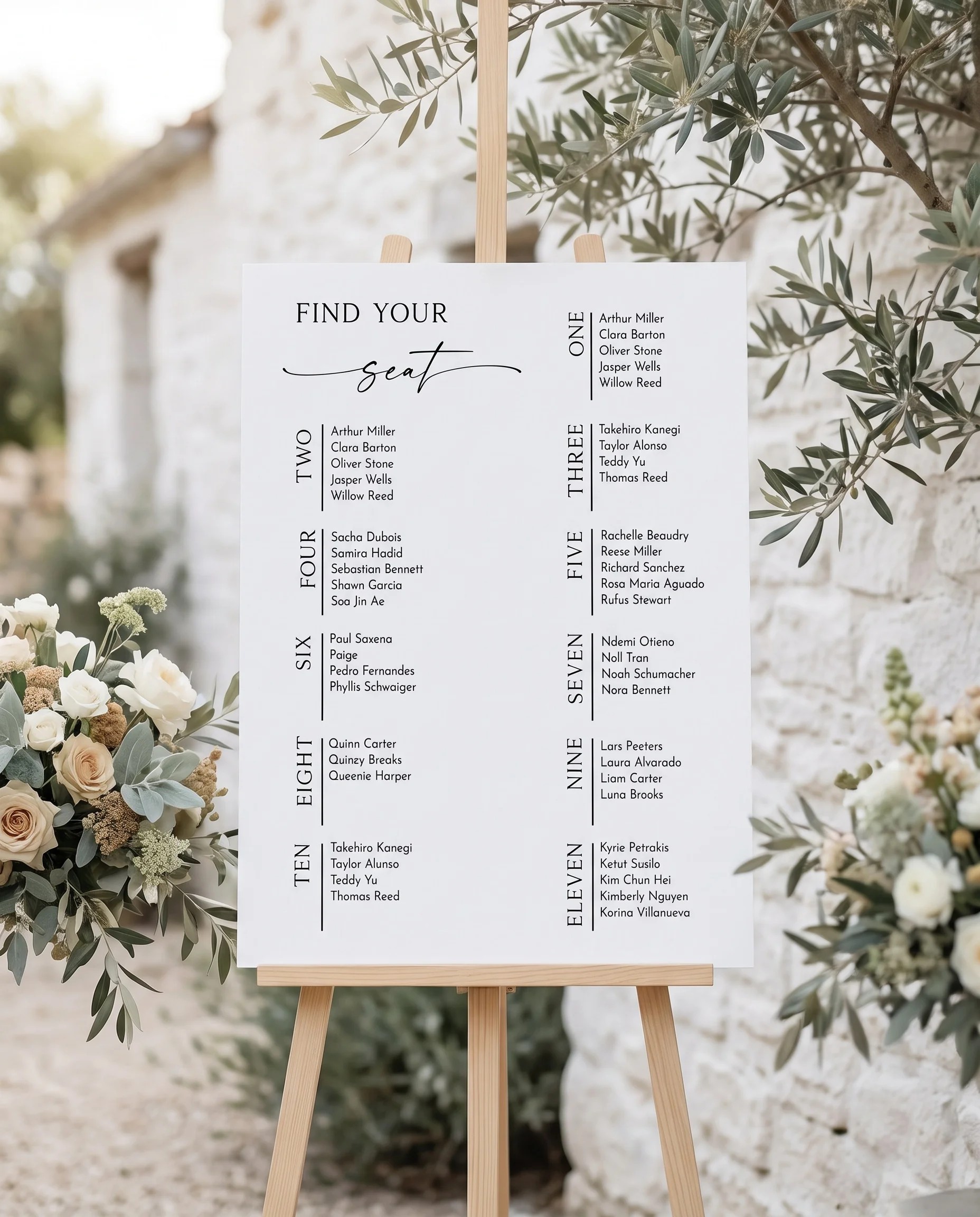 Liminal wedding seating chart — single page displayed at a reception entrance under soft natural light, seating chart template