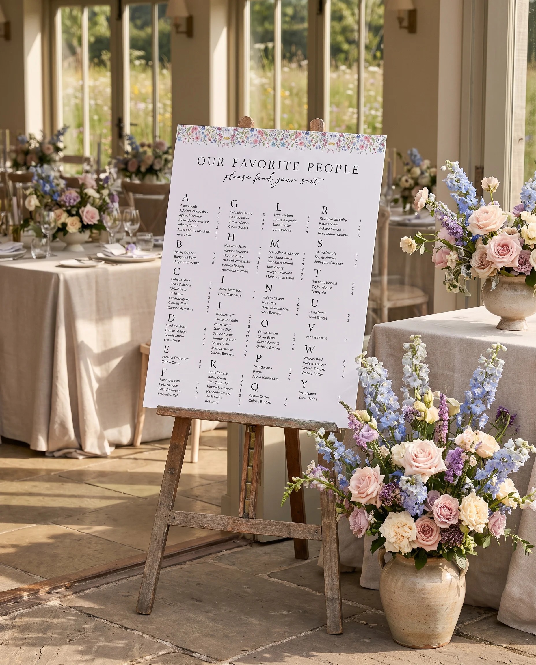 Meadowlark wedding seating chart — displayed at a reception entrance under soft natural light, seating chart template