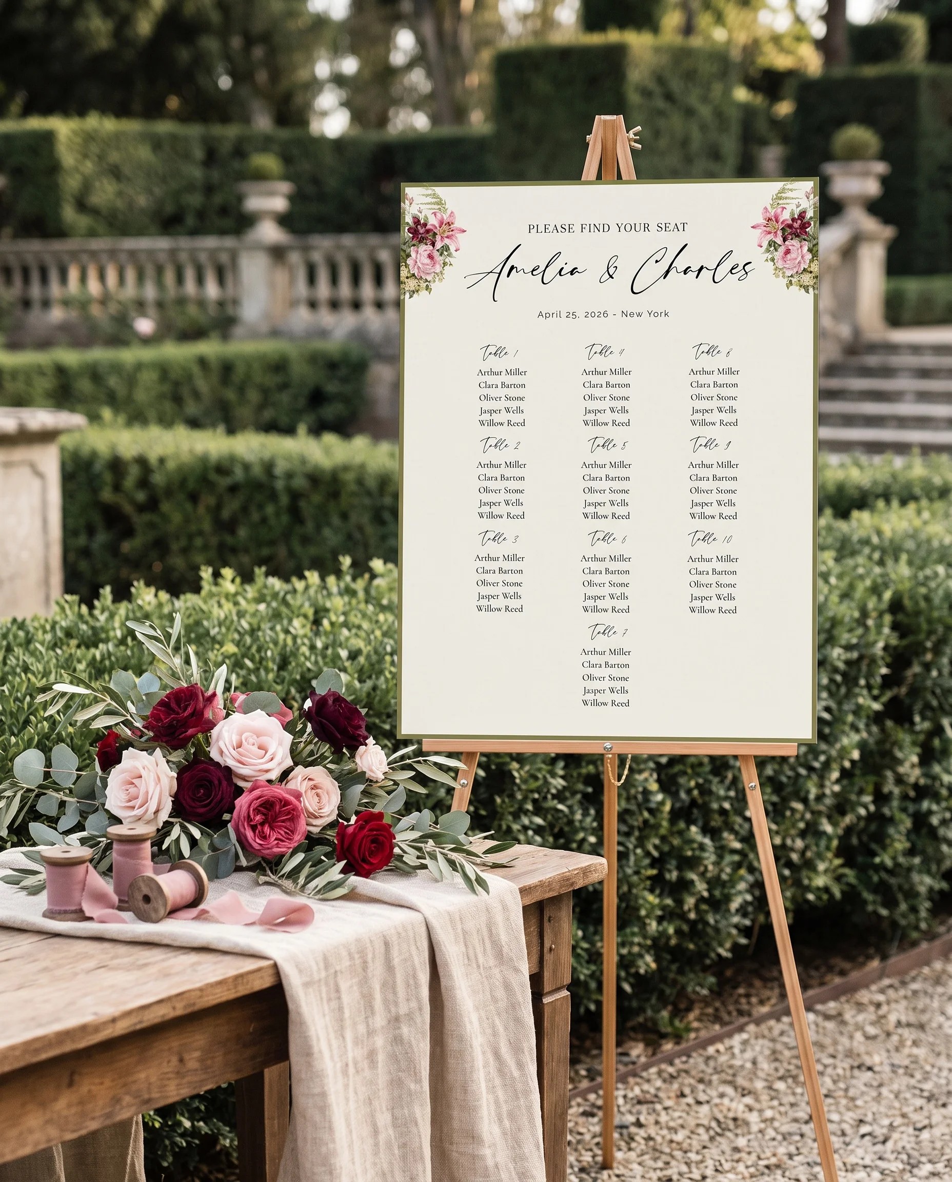 Rosevale wedding seating chart — single page shown beside furniture for scale under soft natural light, wedding seating chart template