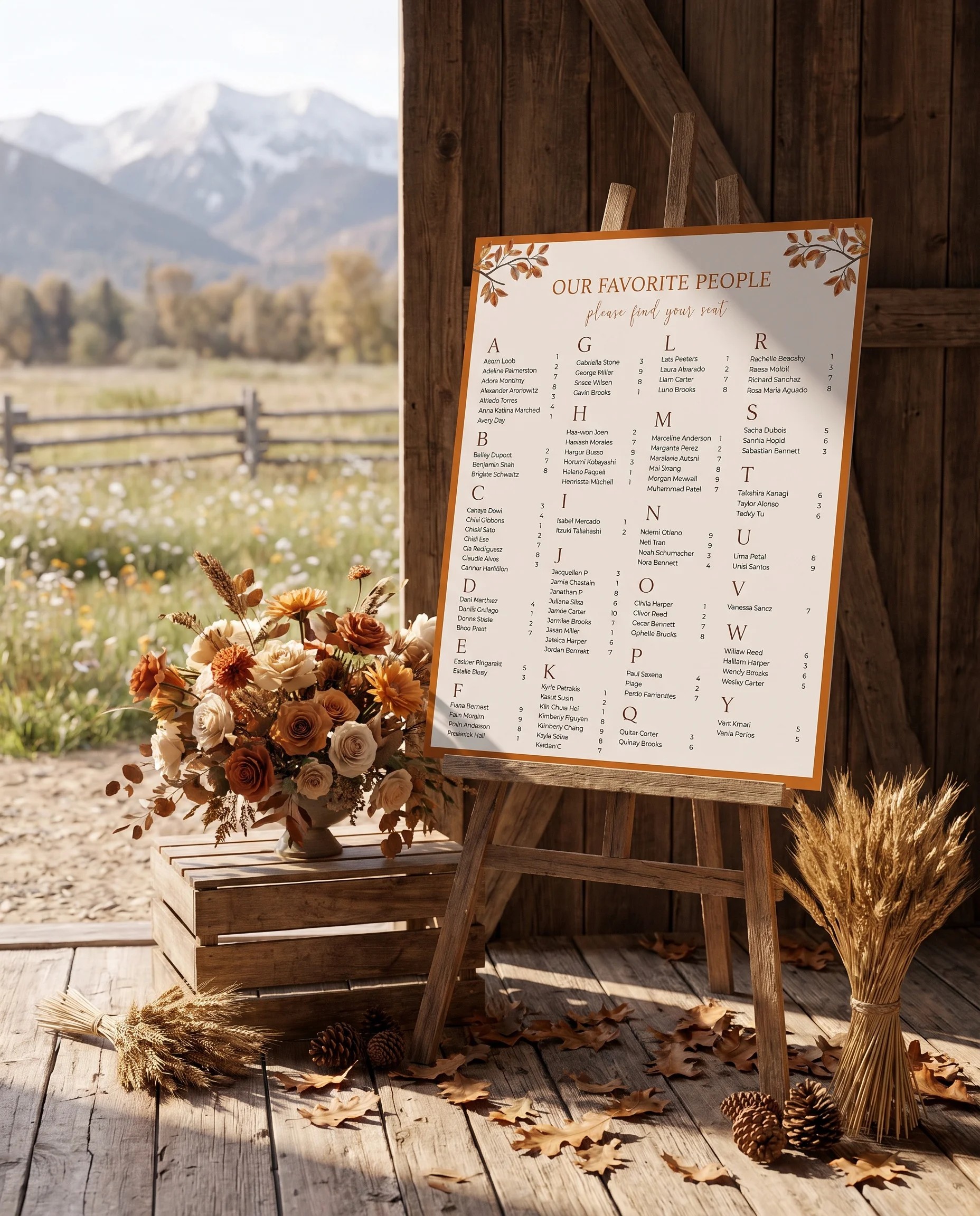 Autumn Vale wedding seating chart — displayed at a reception entrance under soft natural light with a slight overhead angle, seating chart template