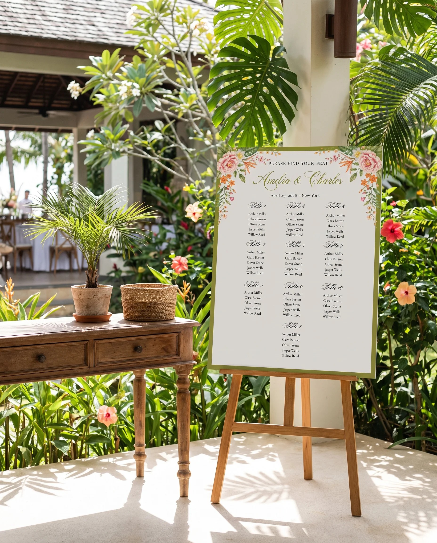 Plumeria Peony wedding seating chart — shown beside furniture for scale under soft natural light, wedding seating chart template