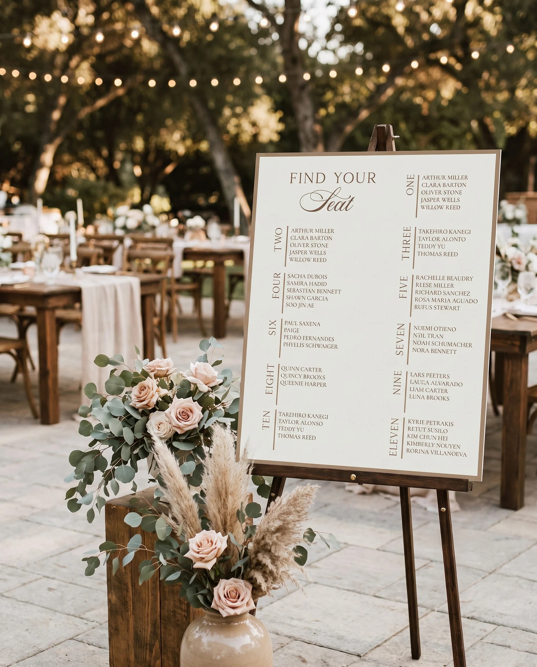 Hinge Script wedding seating chart — displayed at a reception entrance under soft natural light, seating chart template.