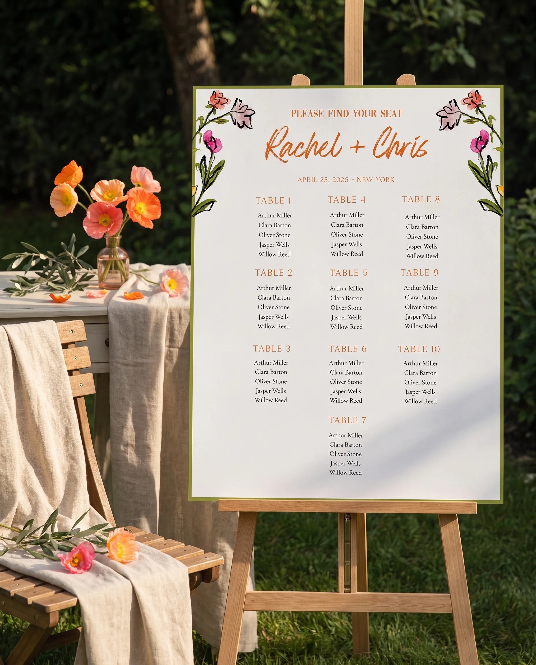 Poppy Court wedding seating chart — single page shown beside furniture for scale under soft natural light, wedding seating chart template