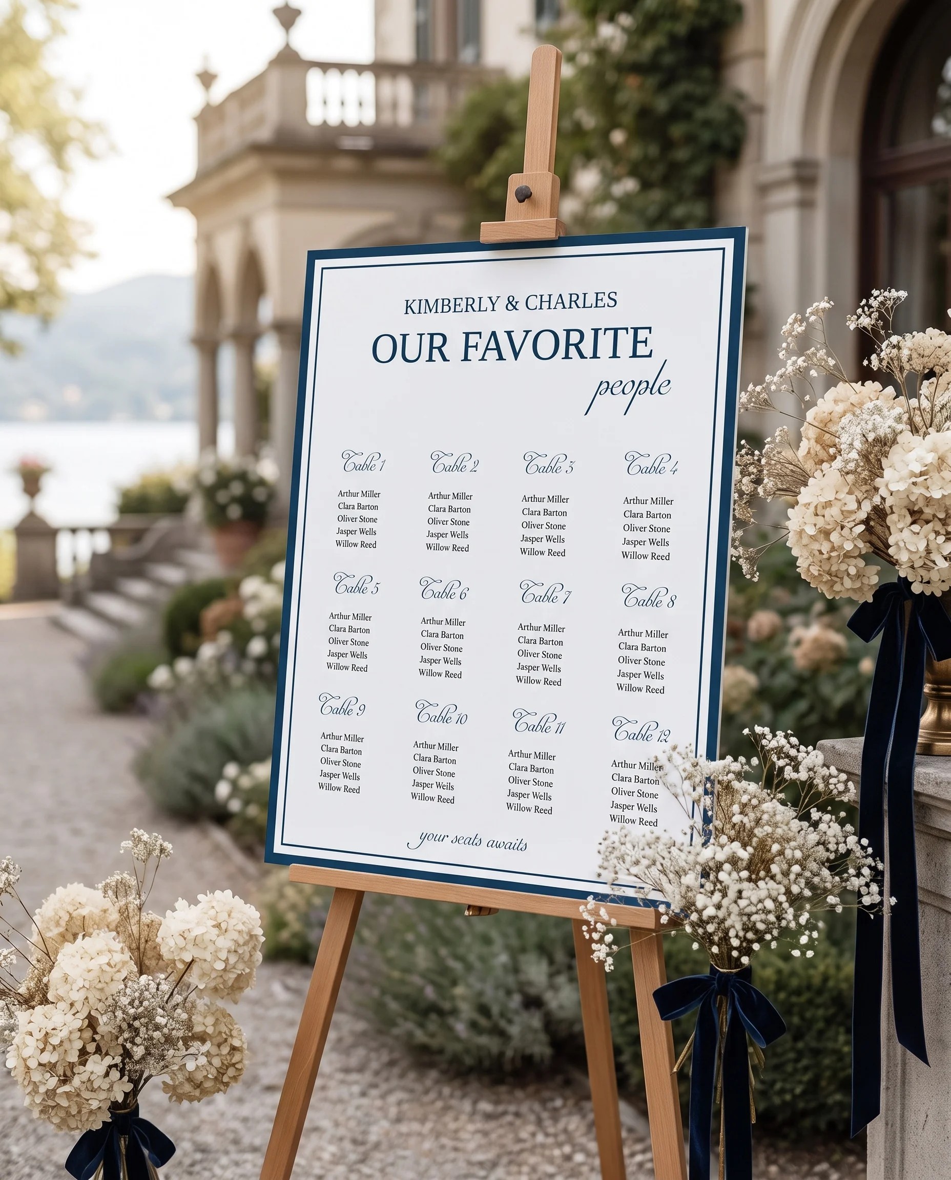 Windsor Crown wedding seating chart — single page shown at a reception entrance under soft natural light, seating chart template