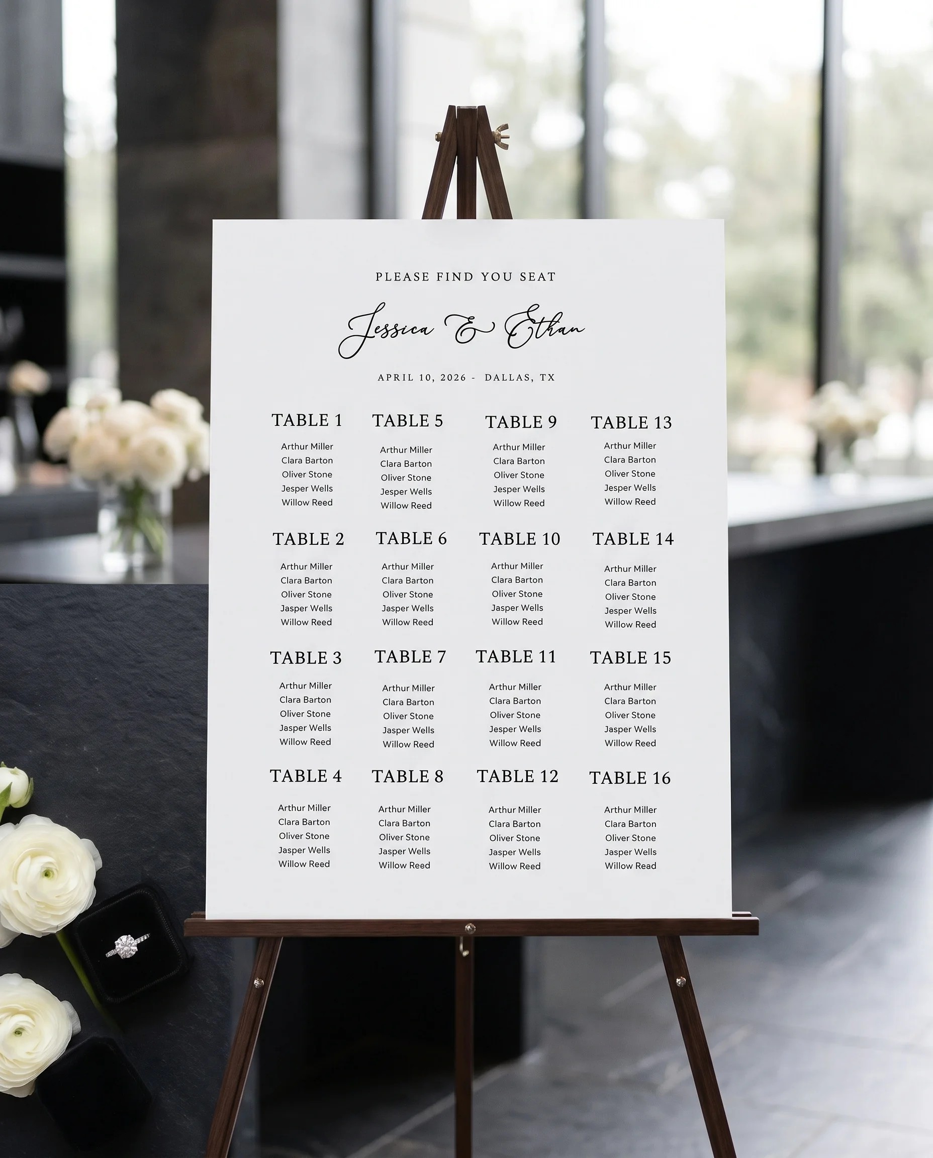 Monochrome Veil wedding seating chart — displayed at a reception entrance under soft natural light, seating chart template